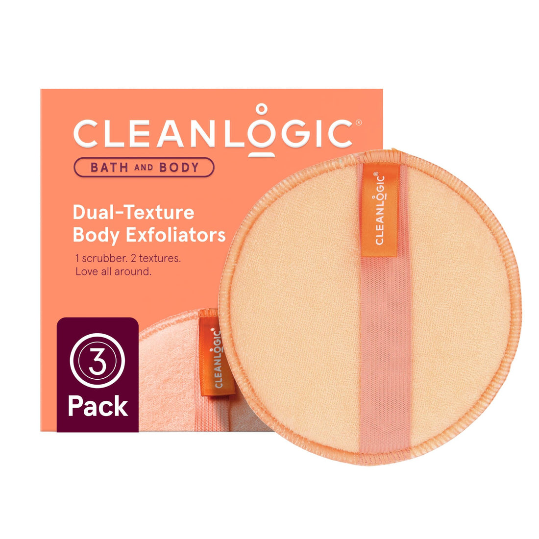 Cleanlogic Bath and Body Exfoliating Body Scrubber, Dual-Texture Round Exfoliator Tool for Smooth, Clean Skin, Daily Skincare Routine, 3 Count Value Pack