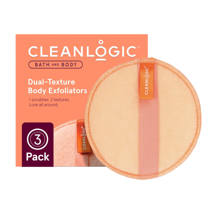 Cleanlogic Bath and Body Exfoliating Body Scrubber, Dual-Texture Round Exfoliator Tool for Smooth, Clean Skin, Daily Skincare Routine, 3 Count Value Pack