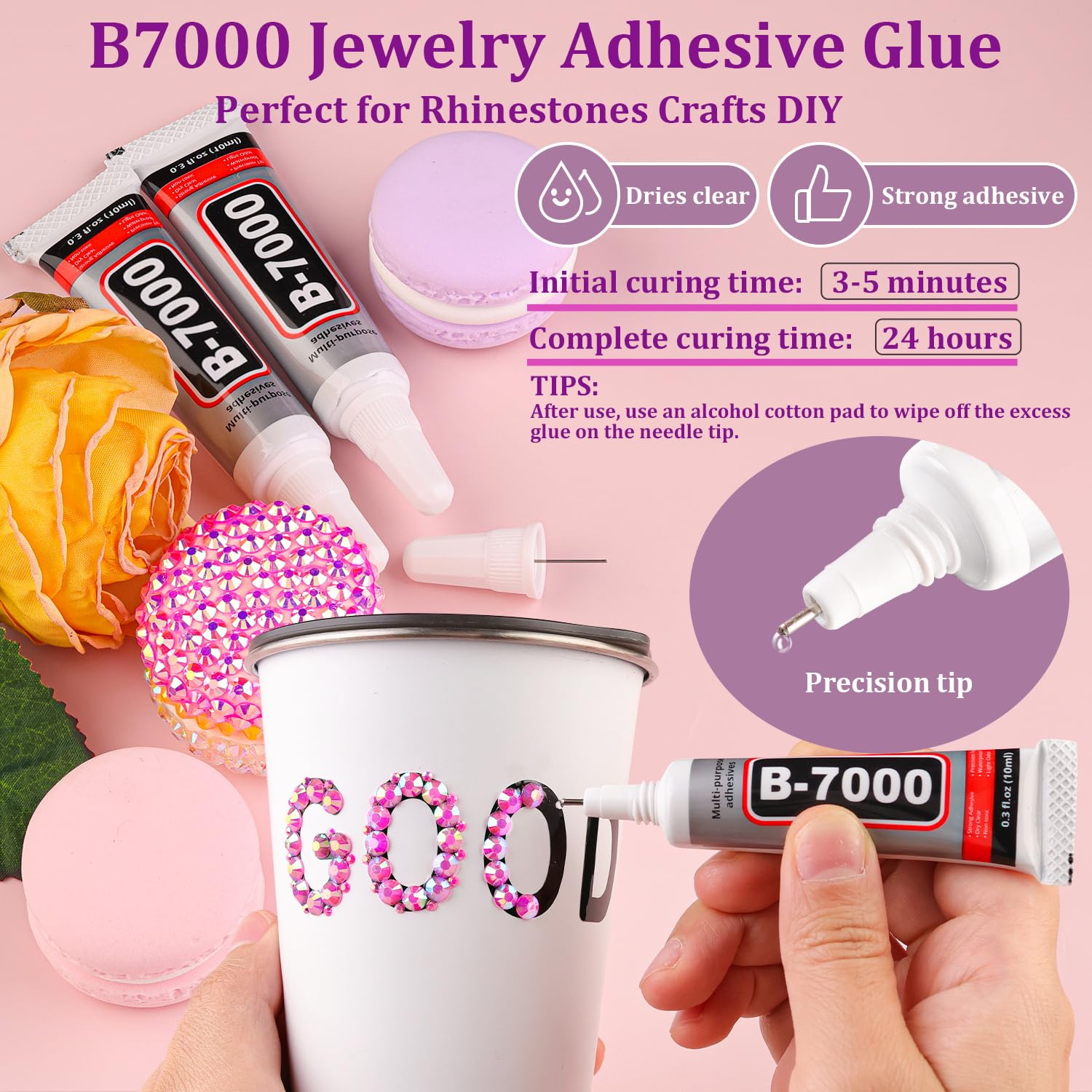 Resin Jelly Rhinestones for Crafting with B7000 Jewelry Glue, 1 Box Hot Pink AB FlatBack Crystal with 3Pcs 10ml Glue, Bedazzling Non Hotfix Gems for DIY Tumblers Clothing Shoes Manicure