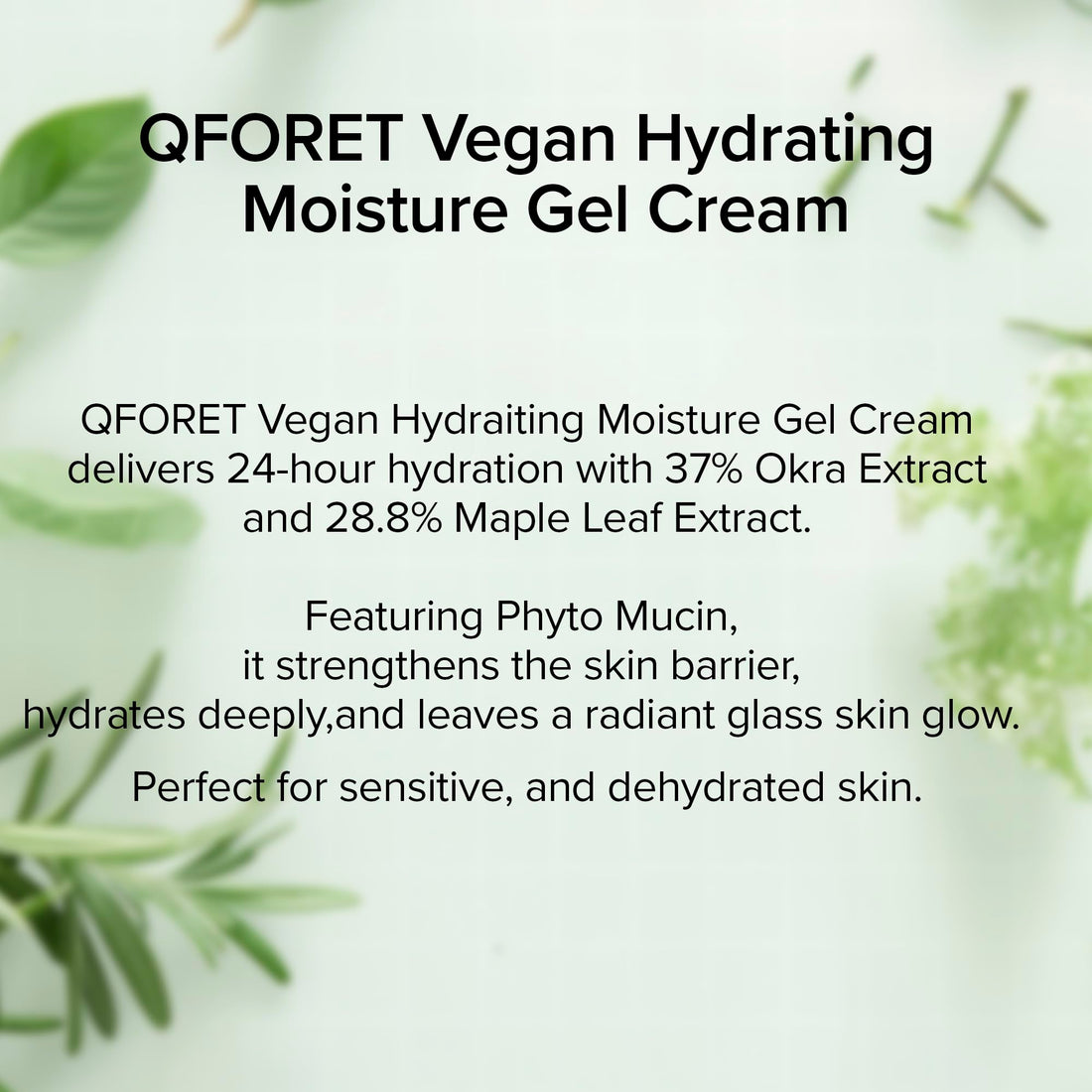 QFORET Vegan Hydrating Gel Cream – Korean Moisturizer with Hyaluronic Acid, Ceramide & Plant-Based Mucin for Dry and Sensitive Skin, 65% Plant Extracts, 2.36oz