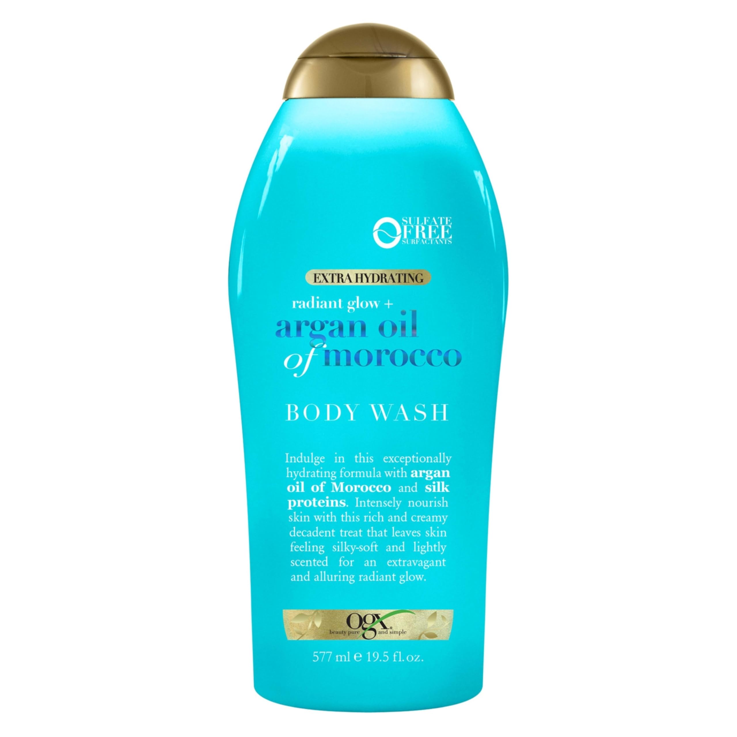 OGX Radiant Glow + Argan Oil of Morocco Extra Hydrating Body Wash for Dry Skin, Moisturizing Gel Body Cleanser for Silky Soft Skin, Paraben-Free, Sulfate-Free Surfactants, 19.5 Fl Oz