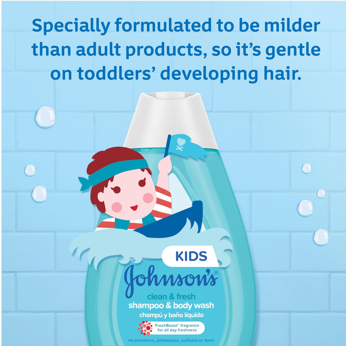 Johnsons Clean & Fresh Tear-Free Childrens Shampoo & Body Wash, Paraben-, Sulfate- & Dye-Free Formula is Hypoallergenic & Gentle on Toddlers Sensitive Skin, FreshBoost Fragrance, 13.6 fl. oz
