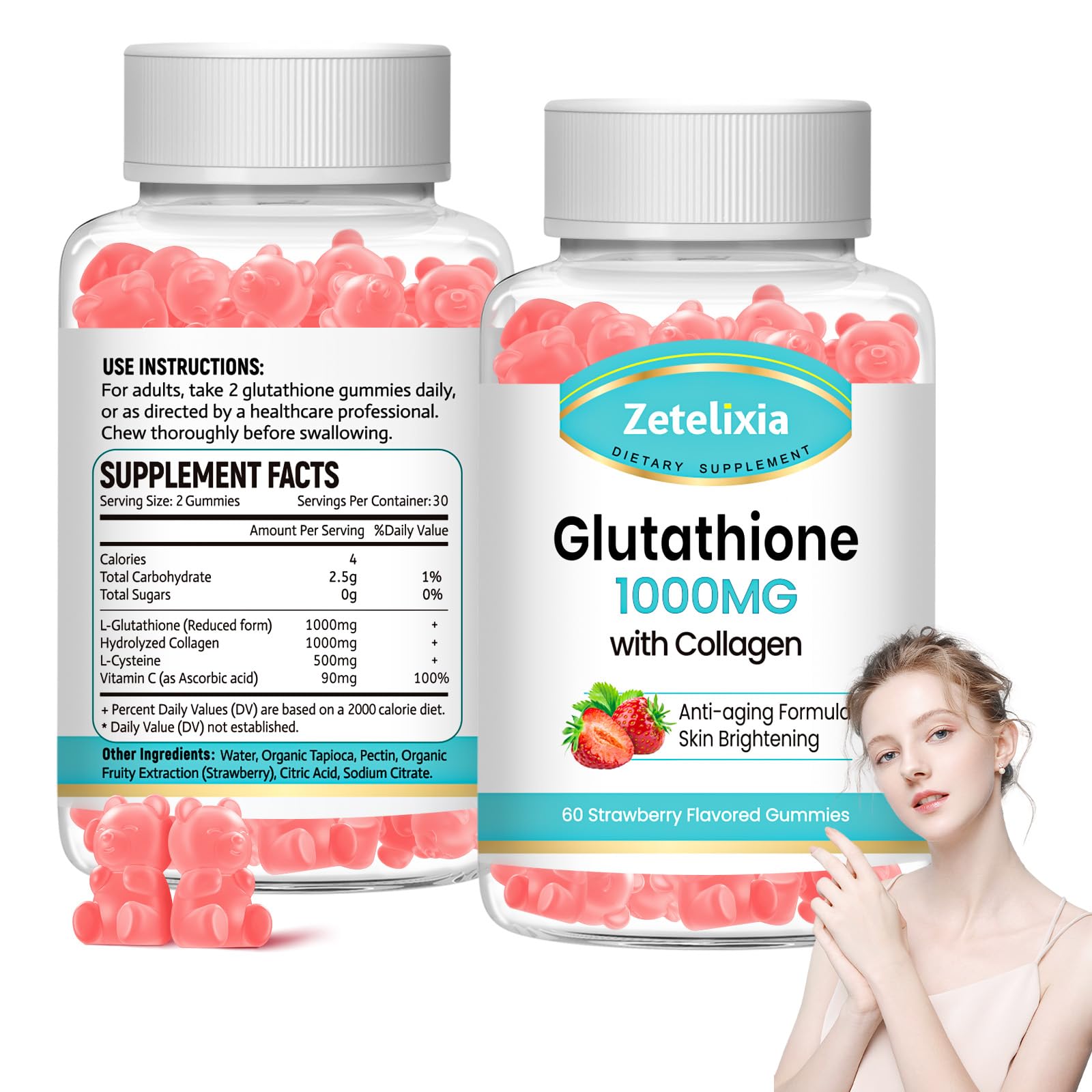 Zetelixia 2 Pack Glutathione Collagen Gummies, Collagen Gummies with Vitamin C, Glutathione Supplement for Women, Hair Skin Nails Muscle & Joint, Anti-Aging, Vegan, Strawberry Flavor, 120 Count