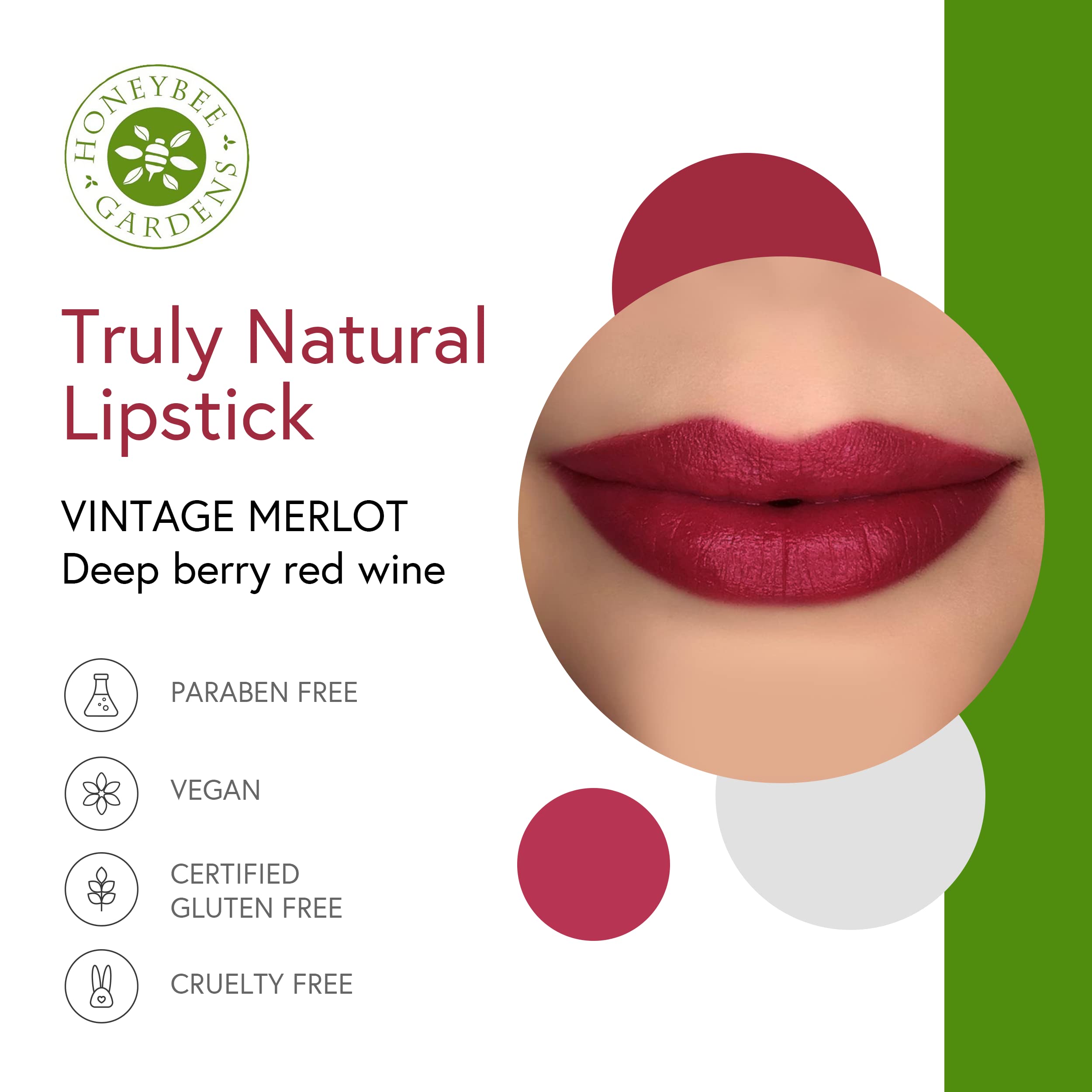 Honeybee Gardens Truly Natural Lipstick, Vintage Merlot | Vegan, Cruelty Free, Gluten Free