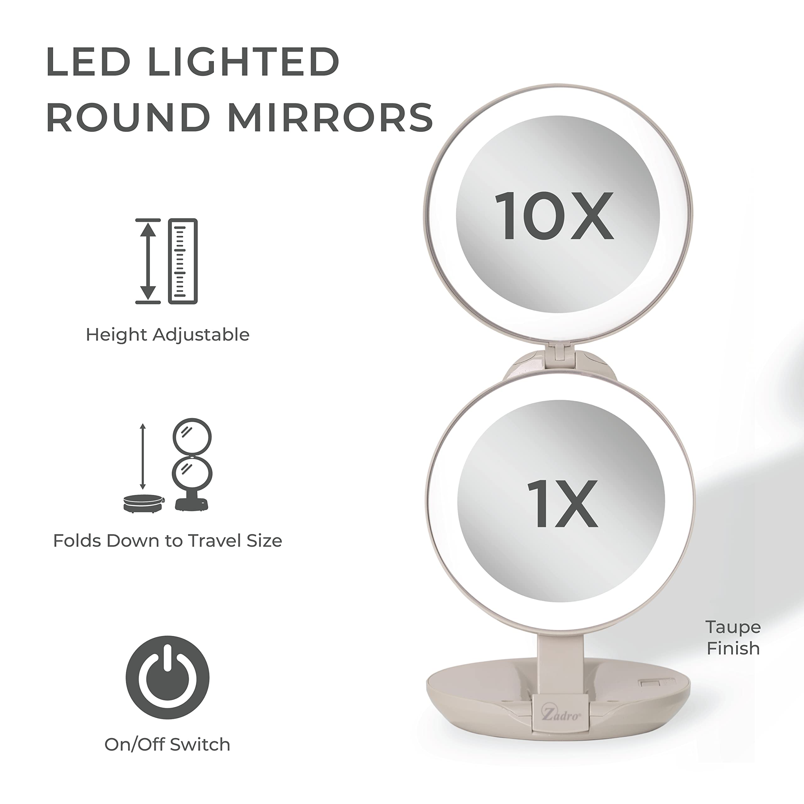 Zadro Dual LED Lighted 10X/1X Magnification Travel Mirror, White