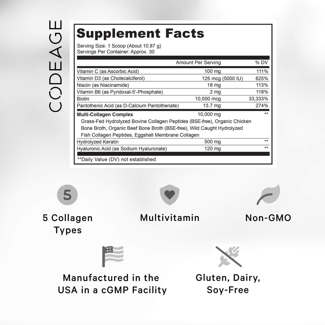 Codeage Multi Collagen for Women & Men Biotin 10000mcg Keratin, Protein Powder Vitamin C B6 D3, Hyaluronic Acid, Niacin - Hydrolyzed Collagen Coffee Creamer 5 Types - Unflavored - Non-GMO - 11.5oz