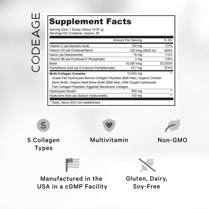 Codeage Multi Collagen for Women & Men Biotin 10000mcg Keratin, Protein Powder Vitamin C B6 D3, Hyaluronic Acid, Niacin - Hydrolyzed Collagen Coffee Creamer 5 Types - Unflavored - Non-GMO - 11.5oz