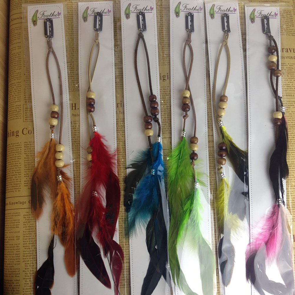 Set of 6 Handmade Boho Hippie Hair Extensions with Feather Clip Comb Hairpin Headdress DIY Accessories for Women Lady Girls
