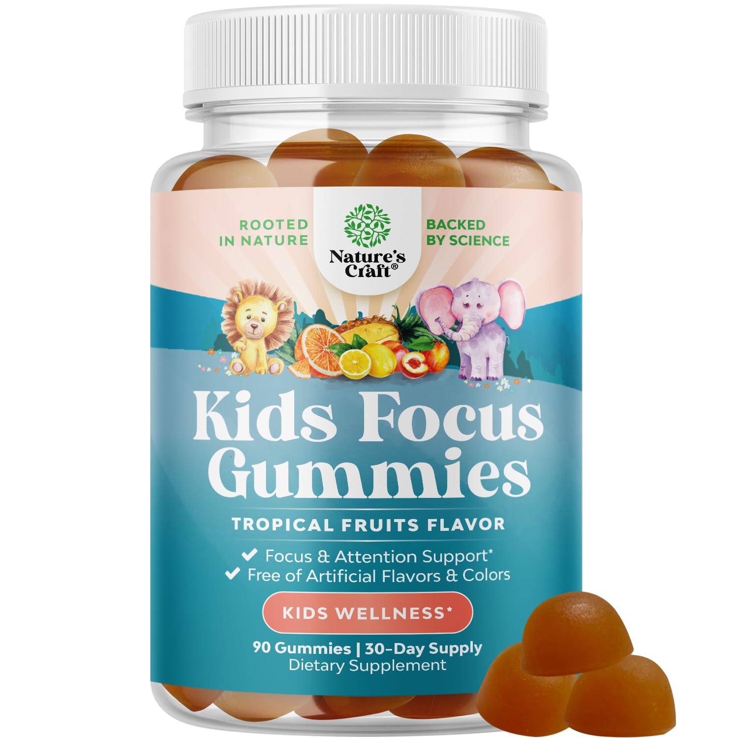 Kids Focus Gummies - Nootropics Brain Support Supplement for Kids with Green Tea Extract, B6 & B12 Vitamins for Memory and Brain Focus - Herbal Concentration Chews for Children - 90 Count