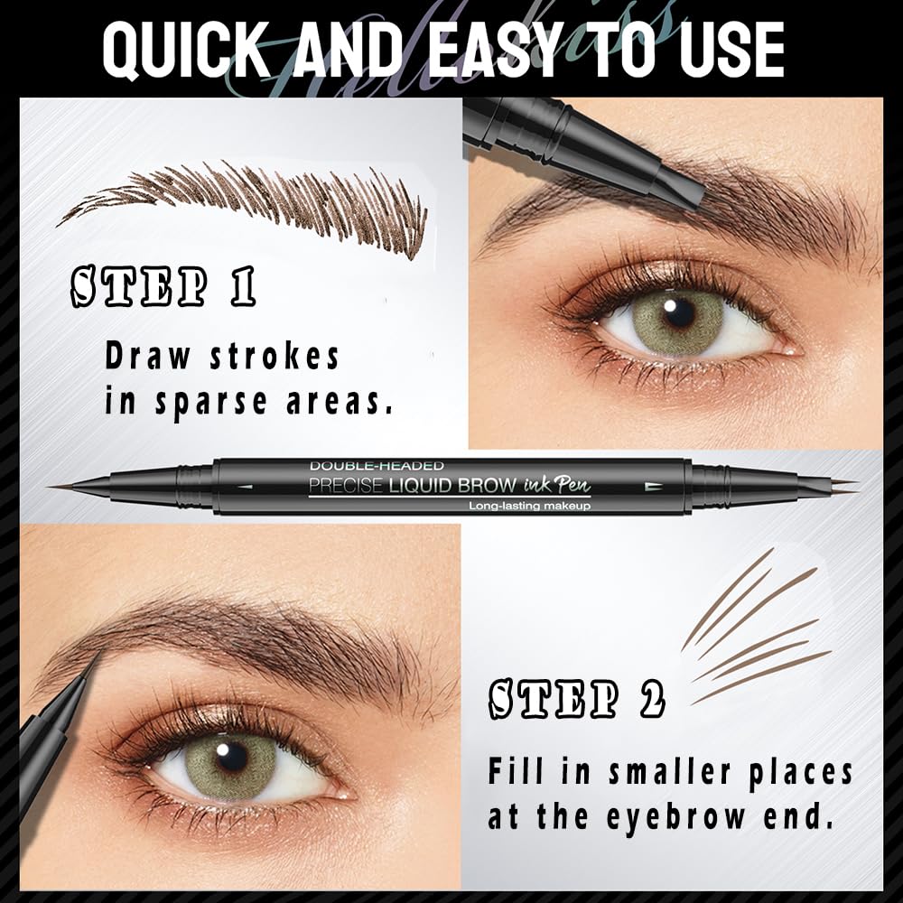 Fast Draw Eyebrow Pen, Duo Brow Microfilling Fork-Tips & Precise Tip, Natural Eyebrow Makeup Set with Spoolie Brush (#2 Medium Brown)