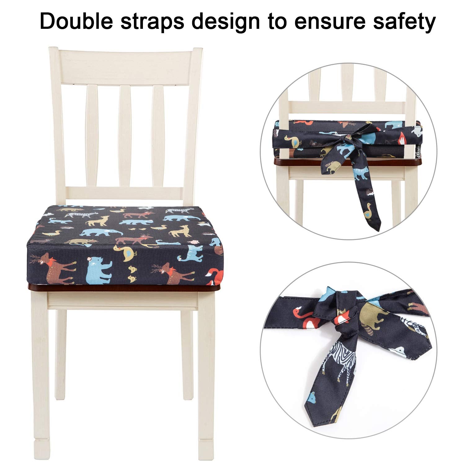 Toddler Booster Seat for Dining Table, Adjustable Double Seat Belt, Washable Waterproof, Portable for Travel, Increase Cushion (Black)