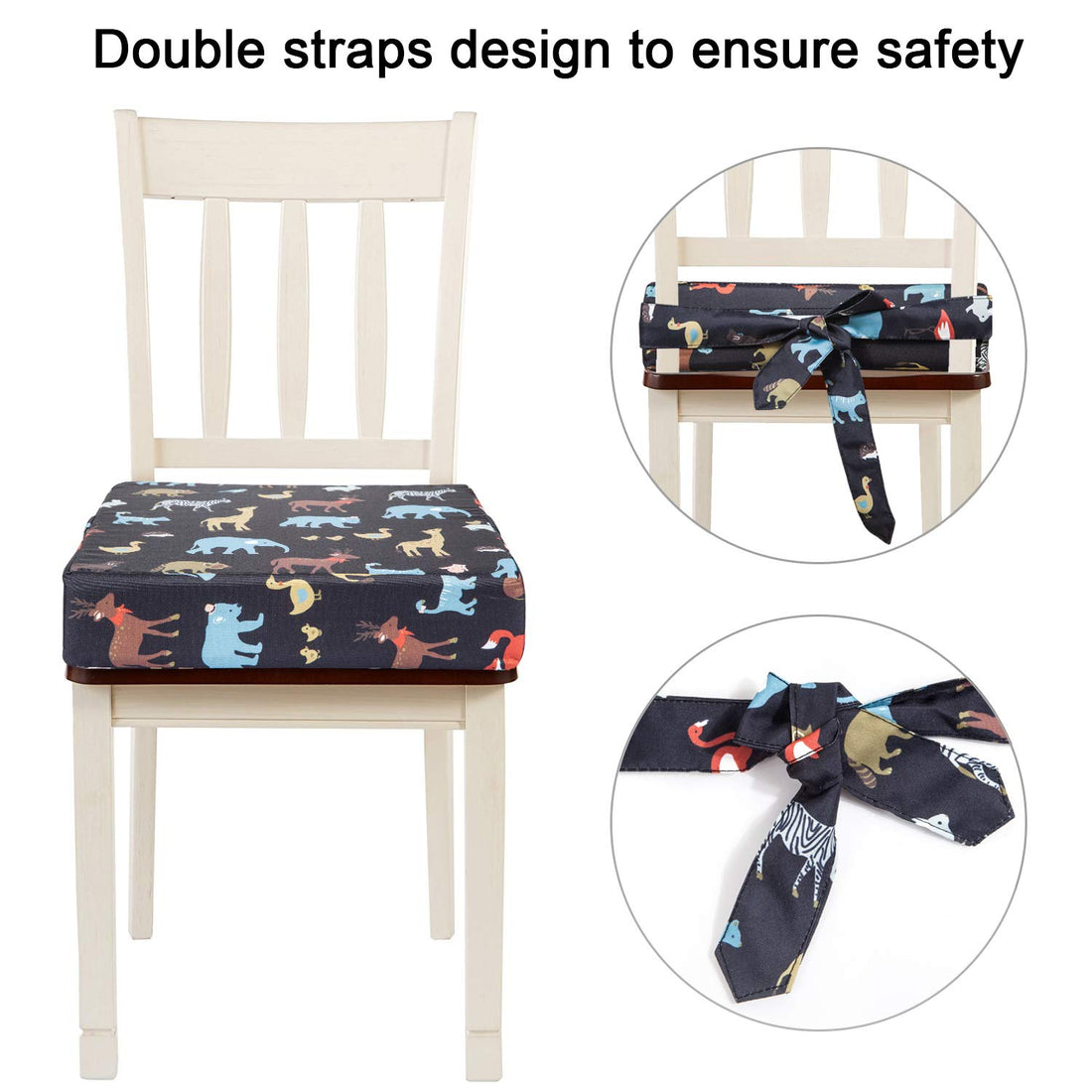 Toddler Booster Seat for Dining Table, Adjustable Double Seat Belt, Washable Waterproof, Portable for Travel, Increase Cushion (Black)