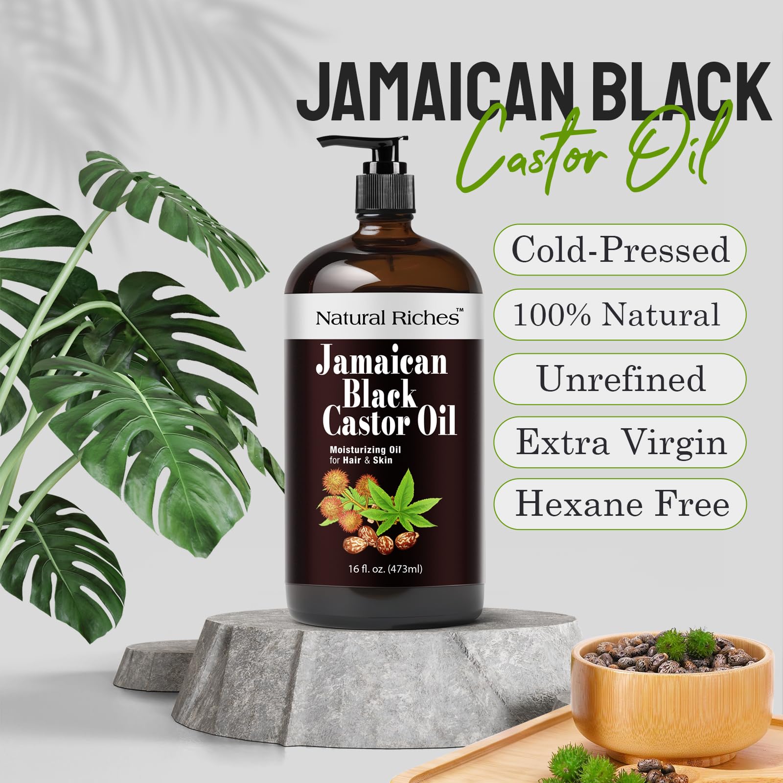 Natural Riches Jamaican Black Castor Oil Glass Bottle Pure Organic Cold Pressed for Hair Growth Skin Care for Dry Skin Conditioning Eyebrows Eyelashes Scalp and Nail Moisturizes & Repairs 16fl.oz.