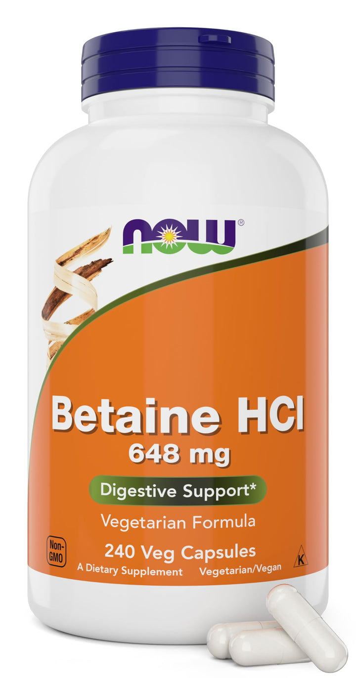 Now Betaine HCl 648mg 240 Veg Capsules - Digestive Enzymes Supplement - Enhanced with Pepsin Protease for Protein Digestion Support