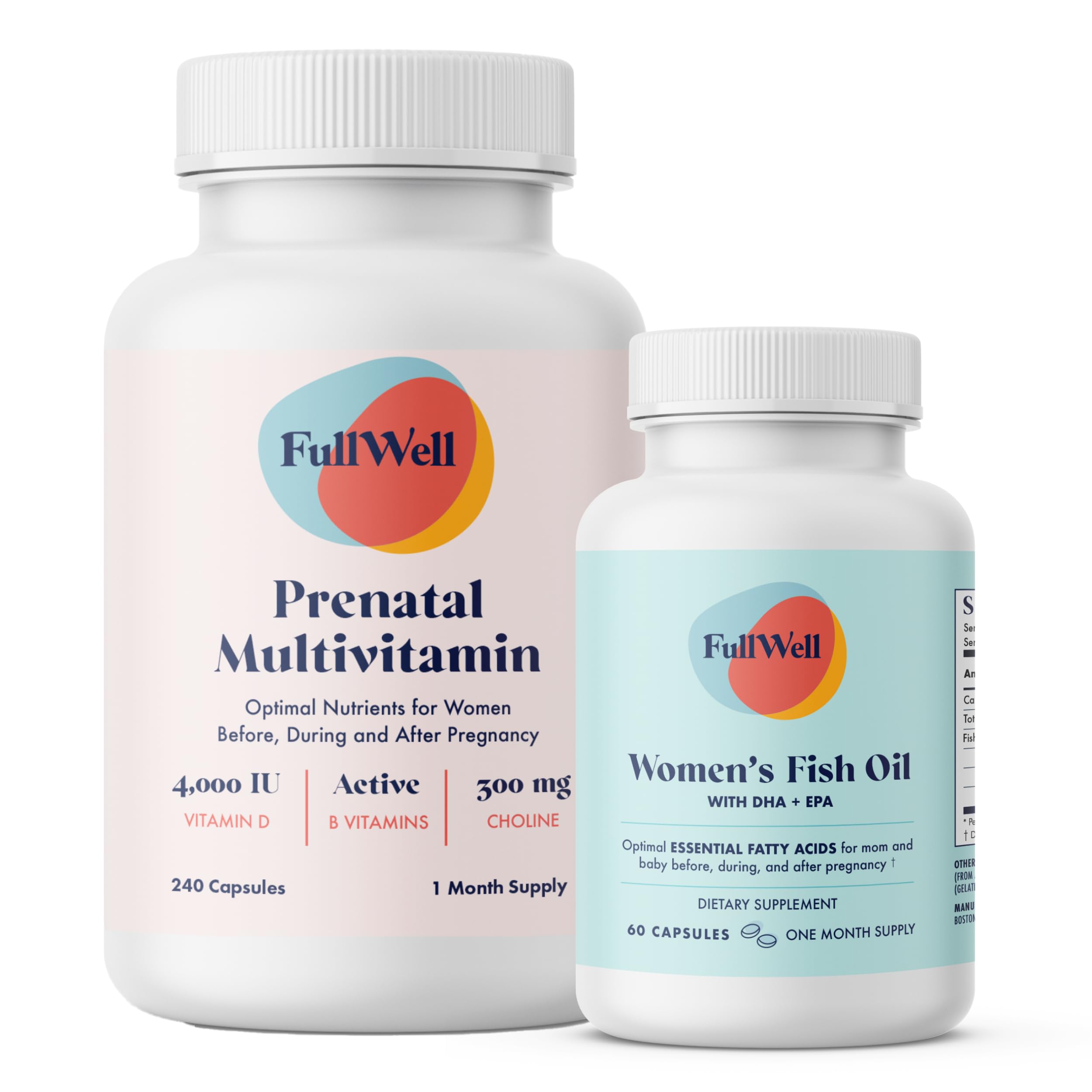 FullWell Prenatal Vitamin + DHA | Omega 3 Fish Oil with DHA & EPA for Brain Development & Nervous System Support | 26+ Vital Nutrients | Dietitian-formulated, Non-GMO, 3rd Party Tested, 30 Servings