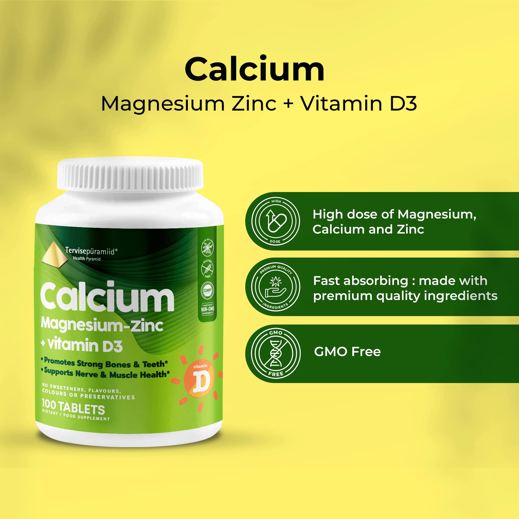 Health Pyramid Calcium Magnesium Zinc with Vitamin D3 Supplement for Strong Bones and Teeth Cal Mag Zinc Supports Nerve and Muscle Health 100 Vegan Tablets
