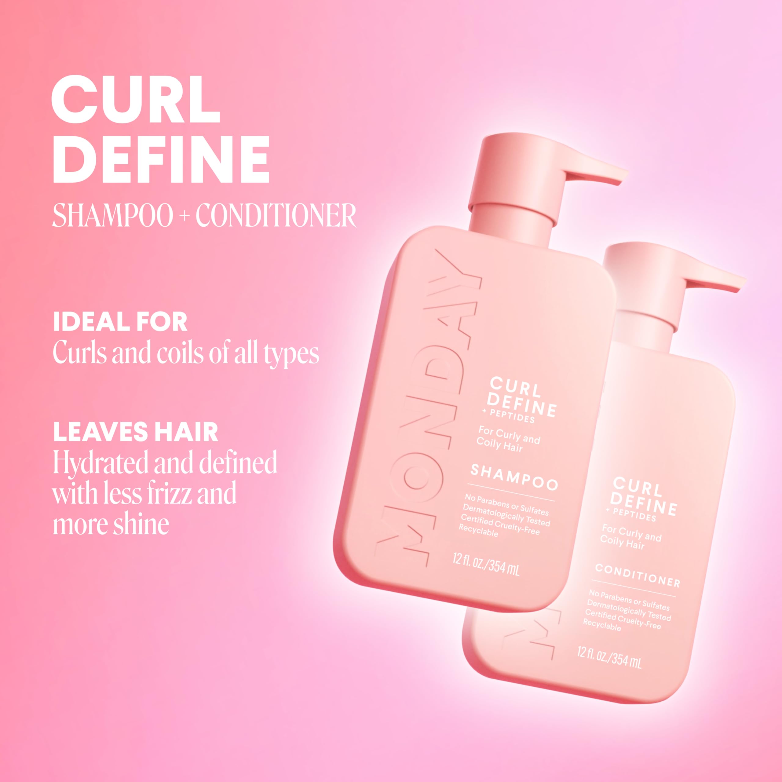 MONDAY HAIRCARE Curl Define Shampoo + Conditioner Set (2 Pack) 12oz Each, Nourishing Curls, Tames Frizz, Enhances Shine with Coconut Oil and Shea Butter, 100% Recyclable Bottles