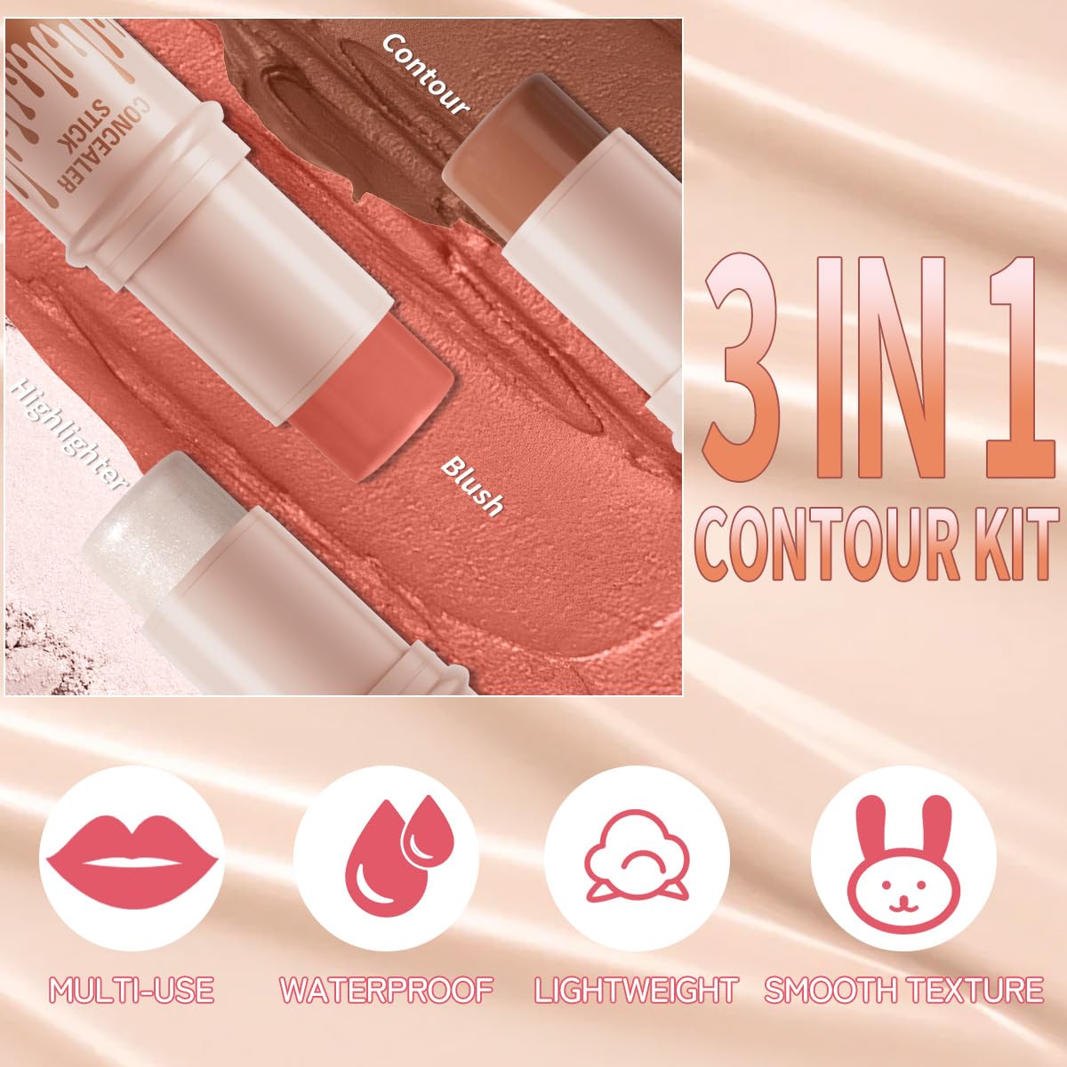 3Pcs Cream Contour Sticks Kit, Highlighter Stick Blush Stick Cream Contour Kit Makeup Set with Brush,Face Brightens & Shades Contour Stick Waterproof for Women Girls(9507-01-05-12, C)