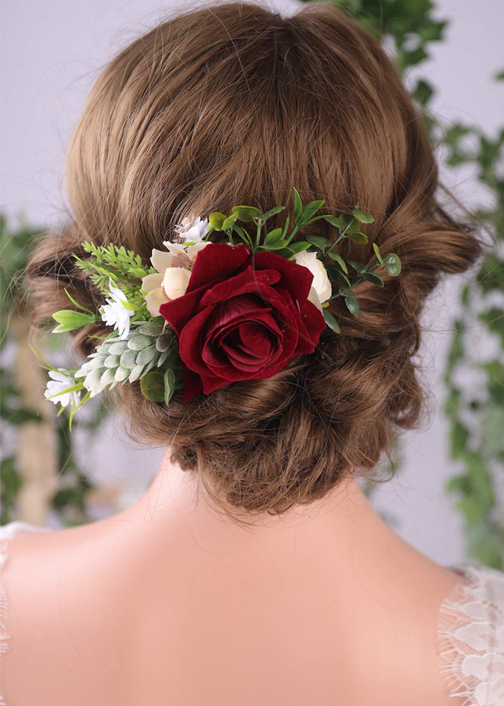 Anglacesmade Bridal Flower Hair Comb Burgundy Dark Red Rose Cream Daisy Eucalyptus Greenery Headpiece for Rustic Wedding Photo Shoot Prom Party Festival