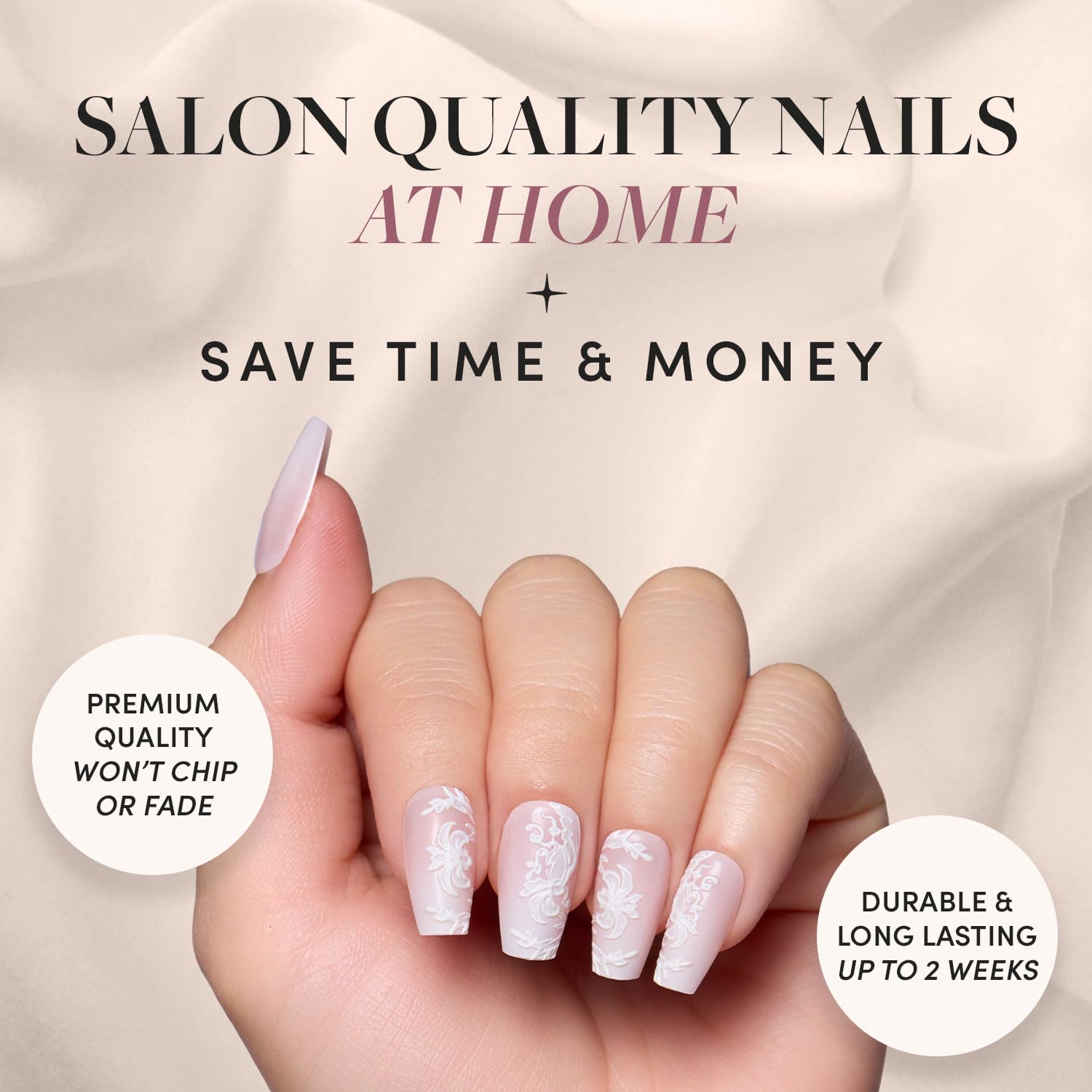 Glamnetic Press On Nails - Lace Blush | Glossy, Matte, Opaque, Medium Coffin Nails, with Lace Detailing, Salon Quality | 15 Sizes - 30 Nail Kit with Glue