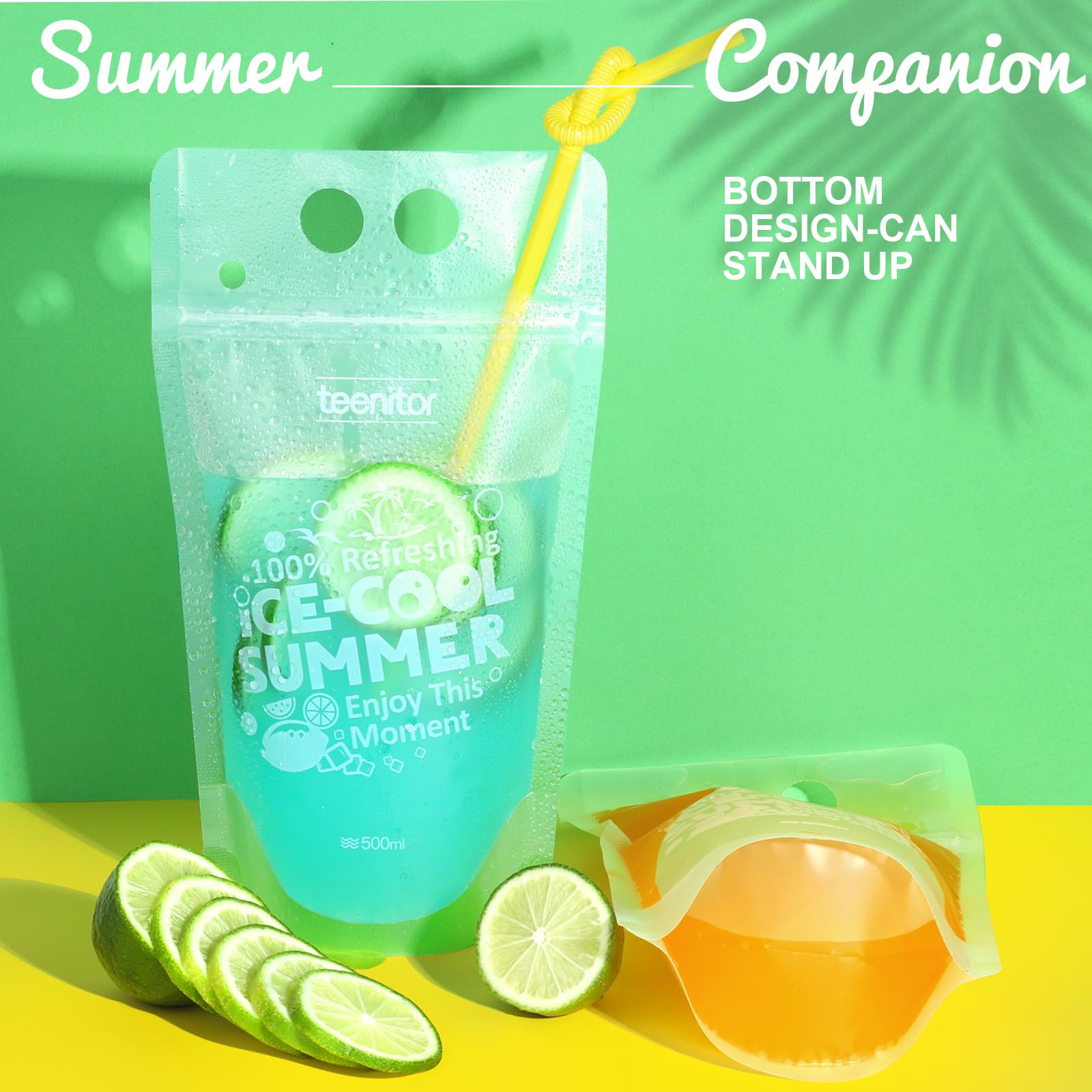 Teenitor 100Pcs Drink Pouches, Drink Pouches for Adults Alcohol, Drink Pouches with Straw Juice Pouches 100Pcs Straws, Liquor Bags Drink Bags For Smoothies Juices Stand Up Liquid Pouches 16oz