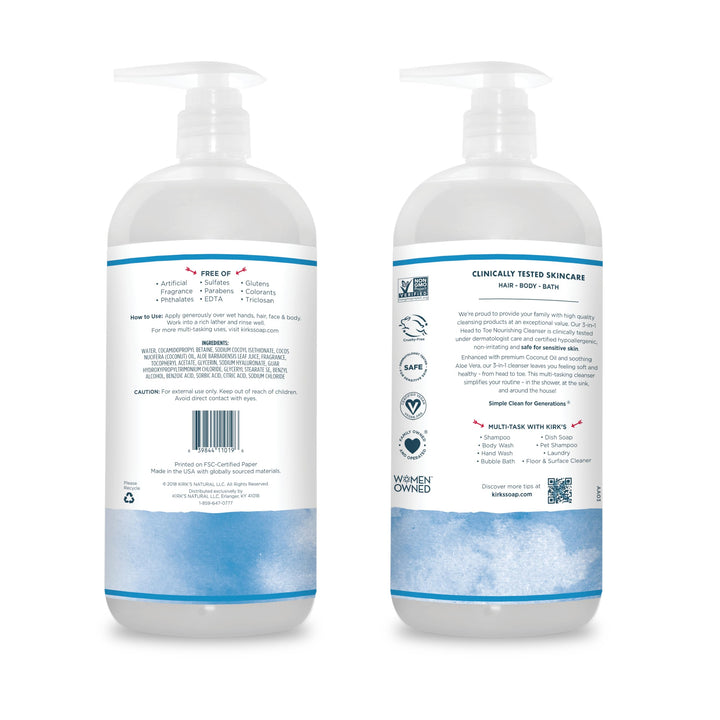 3-in-1 Castile Liquid Soap by Kirkââ‚¬â„¢s | Head-to-Toe Natural Shampoo, Face Soap & Body Wash for Men, Women & Children | Coconut Oil + Aloe Vera | Original Fresh Scent | 32 Fl Oz. Pump Bottle