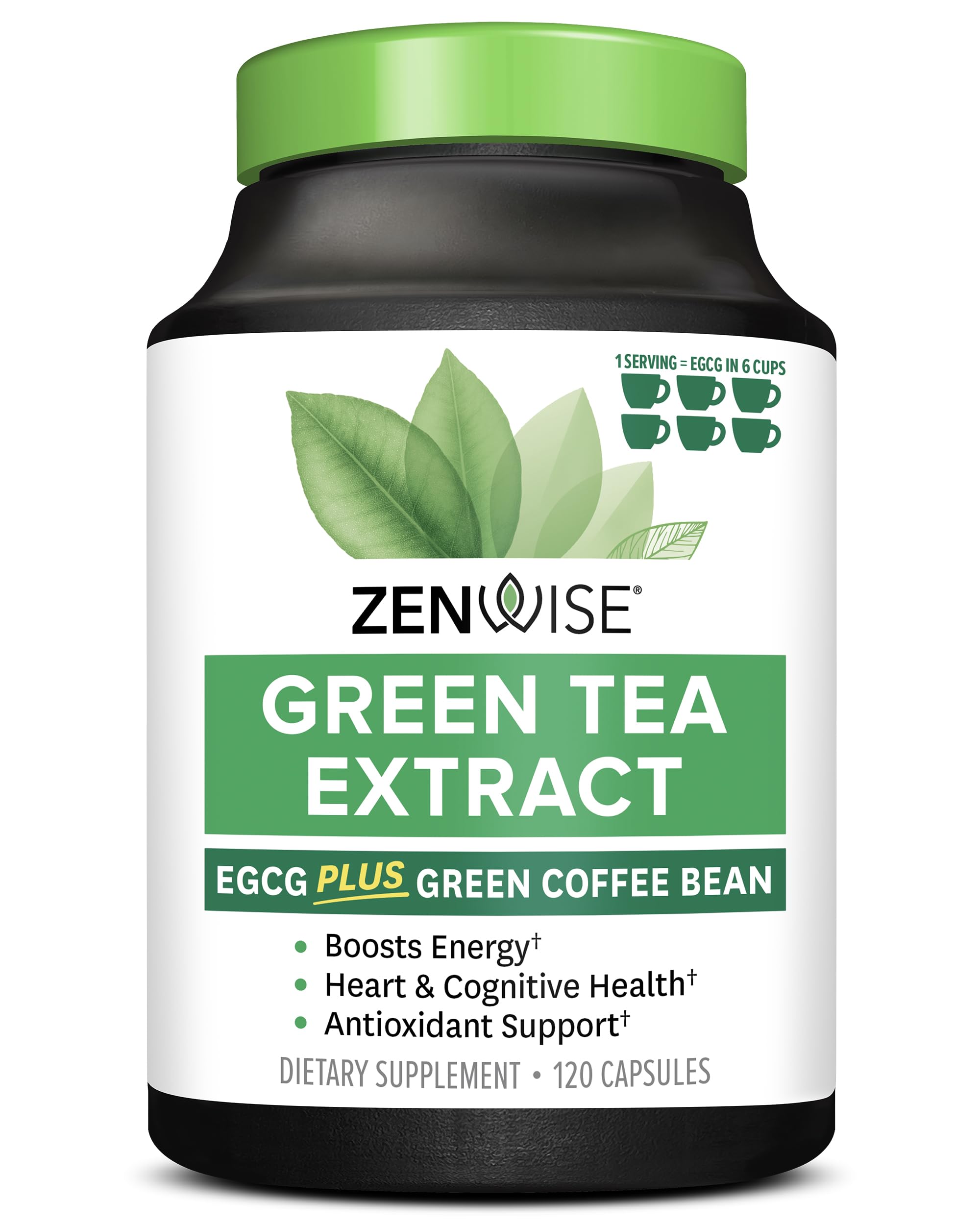 Zenwise Health EGCG Green Tea Extract Capsules - Mental Focus + Immune Health + Antioxidant + Heart Support with Green Coffee Bean for Energy & Metabolism Boost - 120 CT