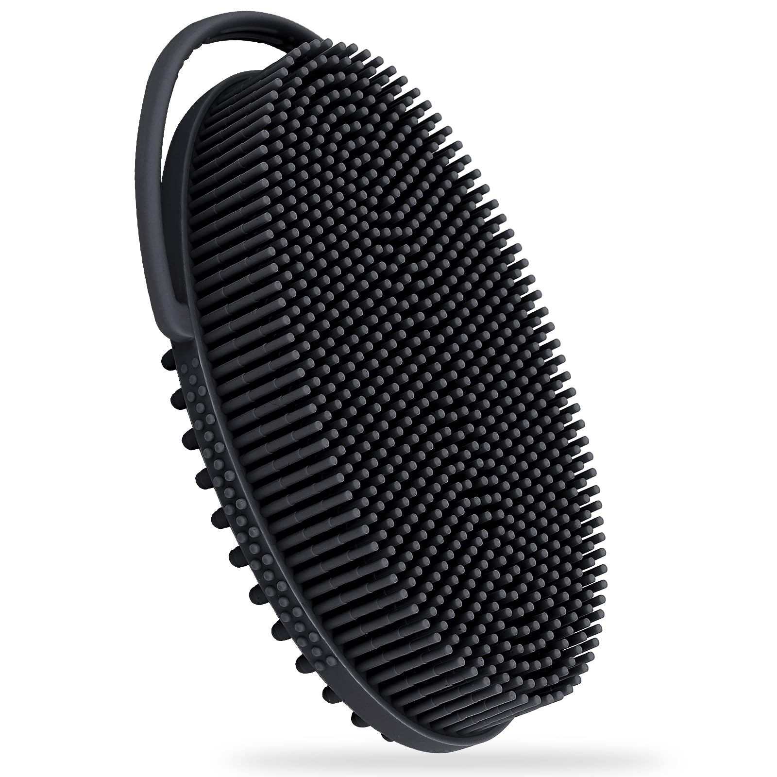 FREATECH Silicone Body Scrubber with Loop Handle, Gentle Exfoliating Body Cleansing Brush for Use in The Shower or Bath, More Hygienic Than Loofah, Easy to Clean, Long-Lasting, Black