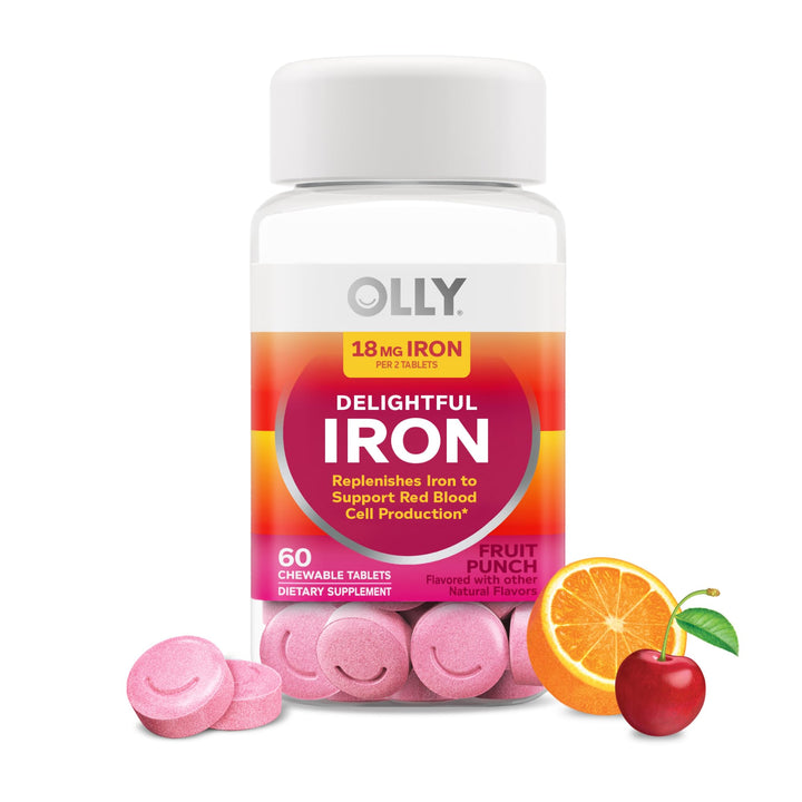 OLLY Delightful Iron Chewable Tablet, Iron Supplement from AB Fortis, Fruit Punch Flavor, 30 or 20 Day Supply - 60 Count