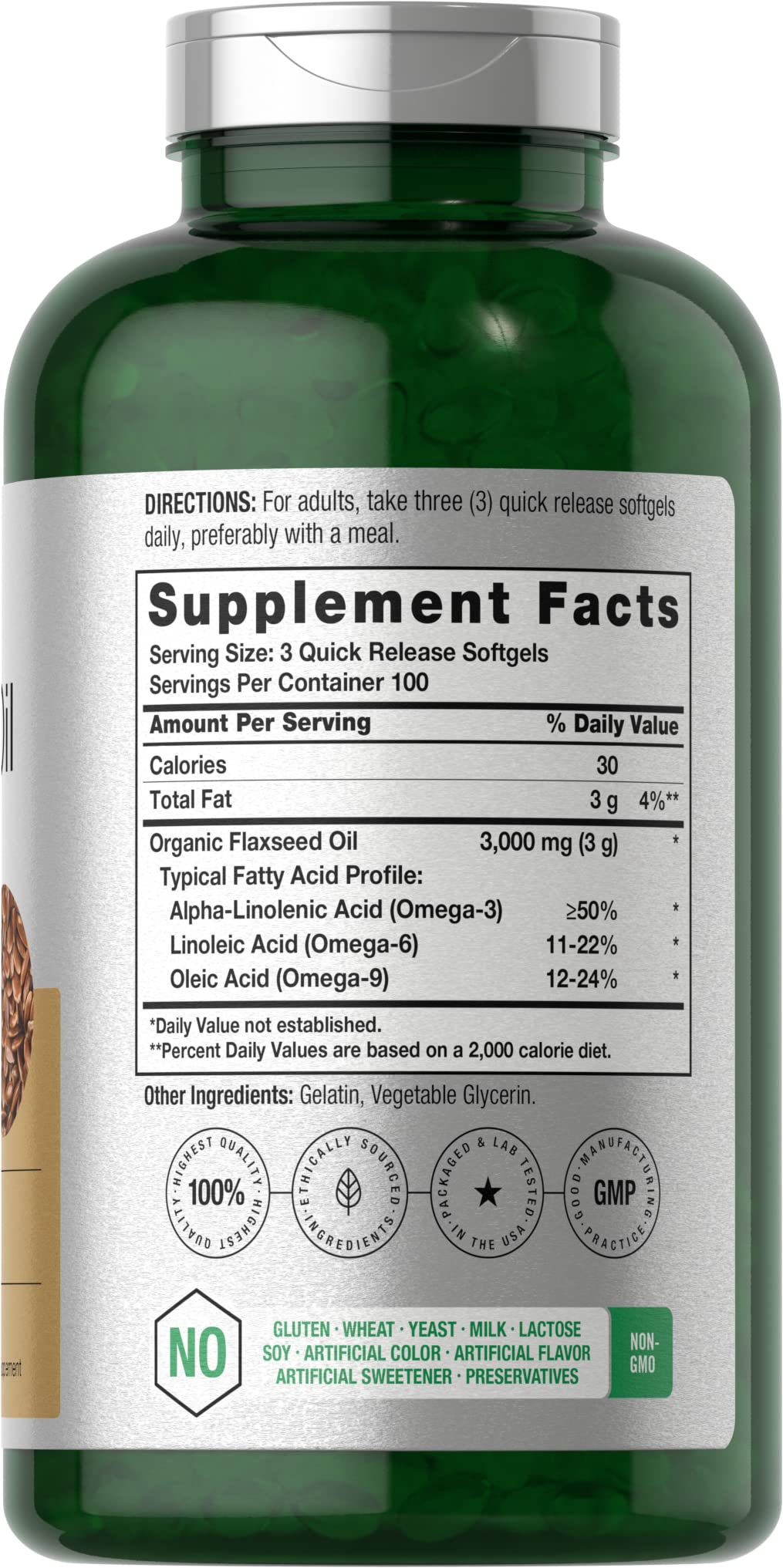 Horbäach Flaxseed Oil Softgel Capsules 3000mg | 300 Count | High Potency | with Omega 3 6 9 | Non-GMO, Gluten Free | Cold Pressed Flax Seed