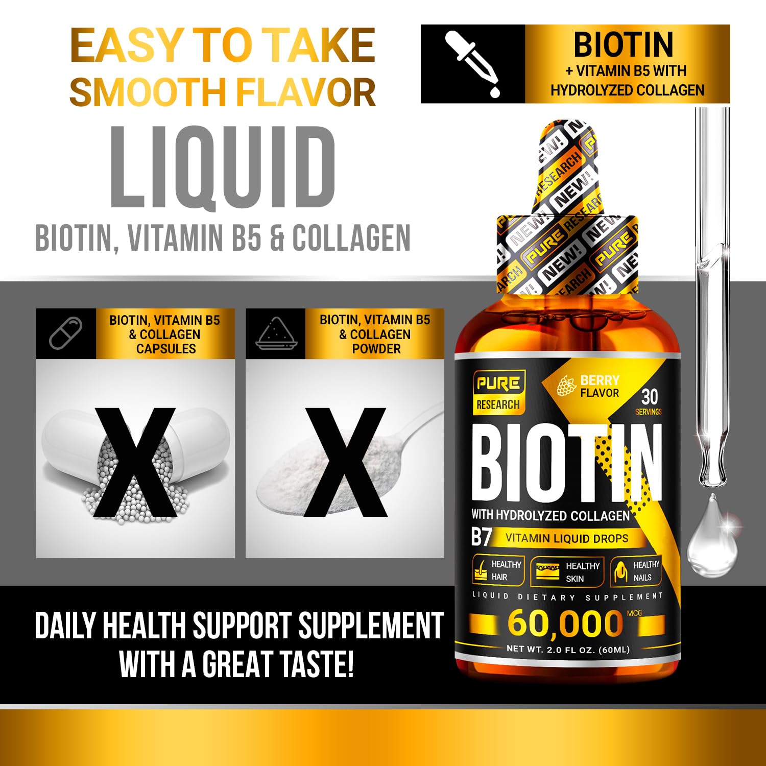 PURE RESEARCH Liquid Biotin & Collagen Hair Growth Drops 60,000mcg - Biotin and Liquid Collagen Supplement for Men & Women - Glowing Skin Support, Healthy Hair & Nail Growth - 2oz
