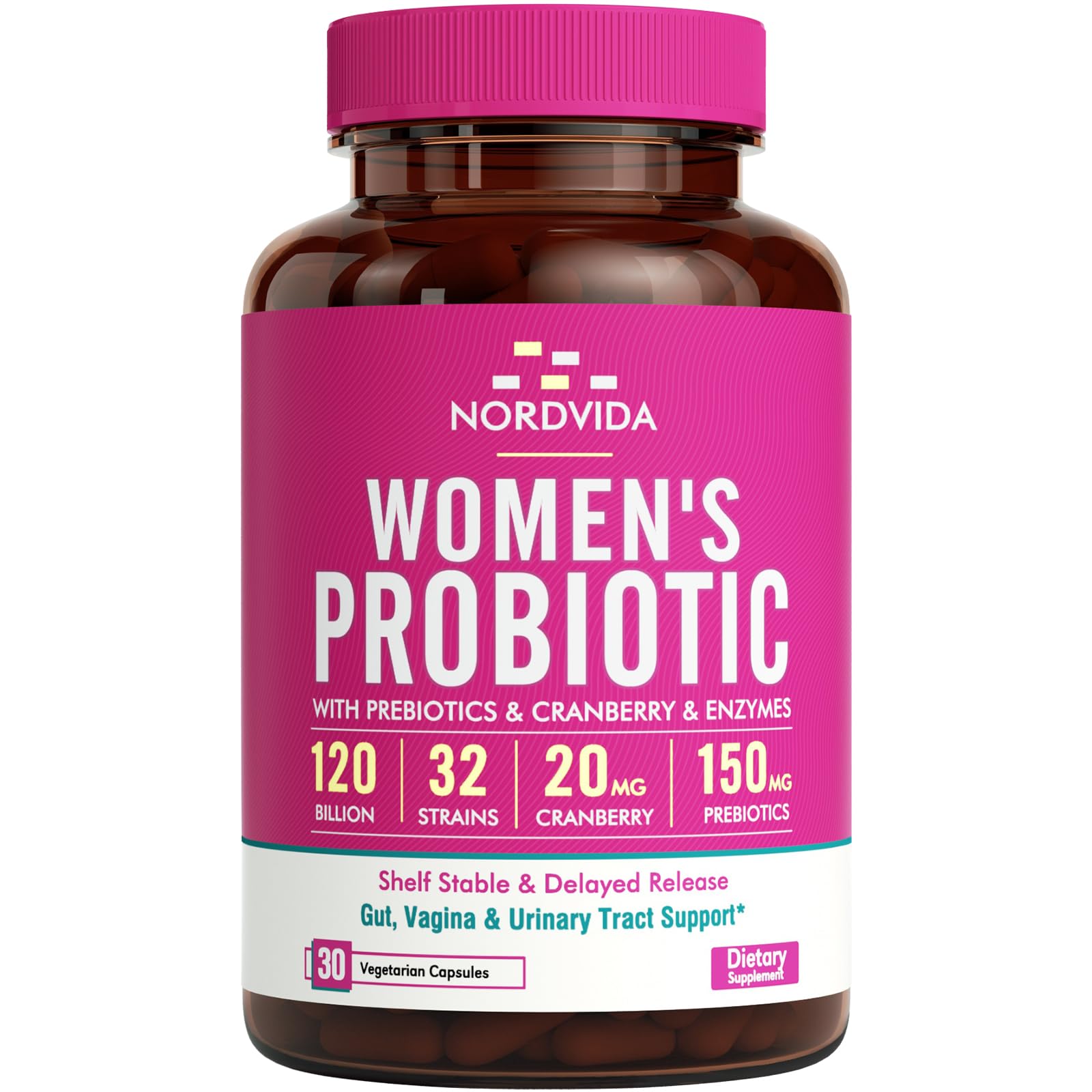 Nordvida Women's Probiotic, 120 Billion & 32 Strains with Cranberry, Prebiotics & Digestive Enzymes, Gut, Vaginal & Urinary Tract Support, 30 Delayed Release Capsules