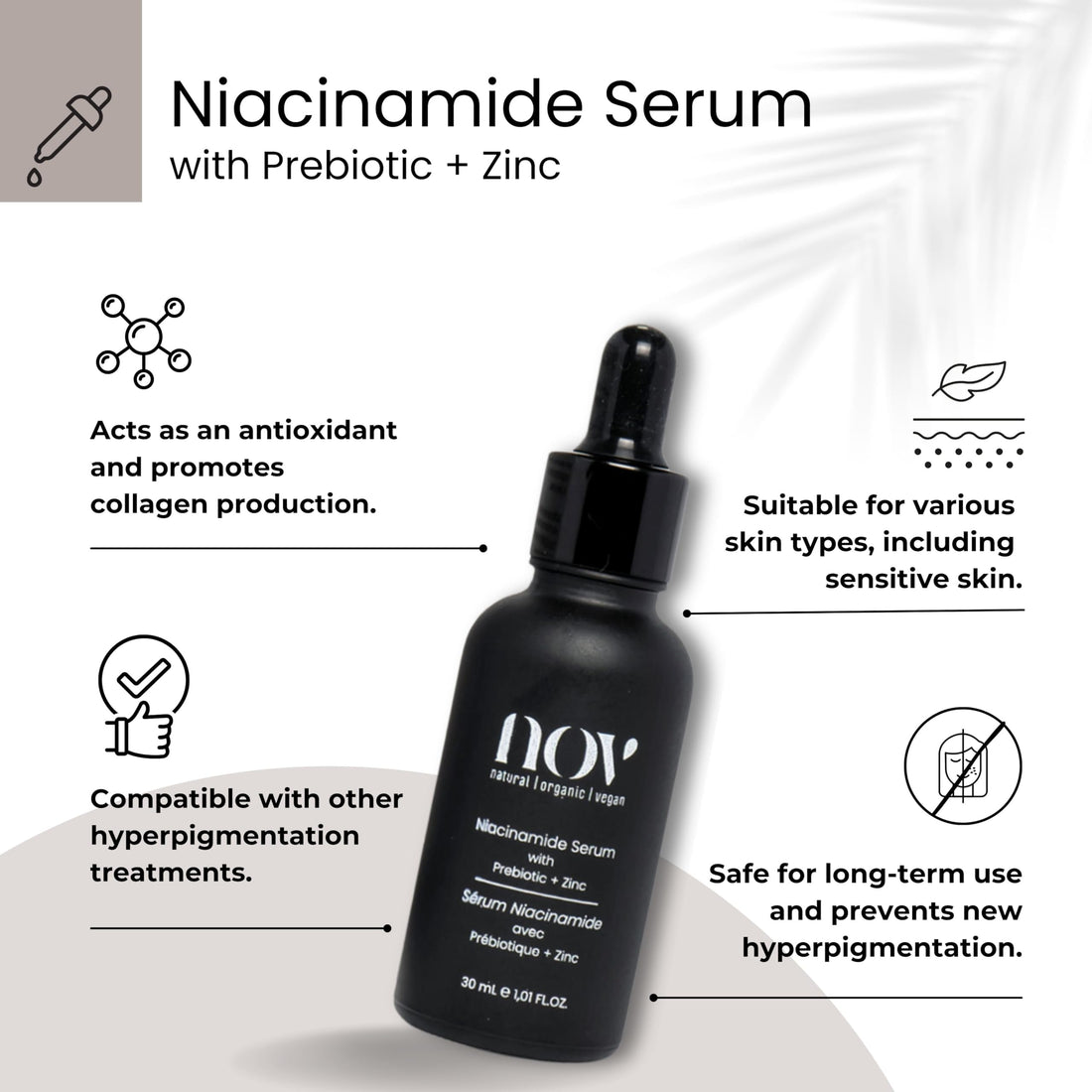 NOV Natural Organic Vegan Niacinamide Serum- with Prebiotic, Zinc | Reduces the Look of Dark Spots, Discoloration, and Uneven Skin Tone | Fragrance-Free & Paraben-Free