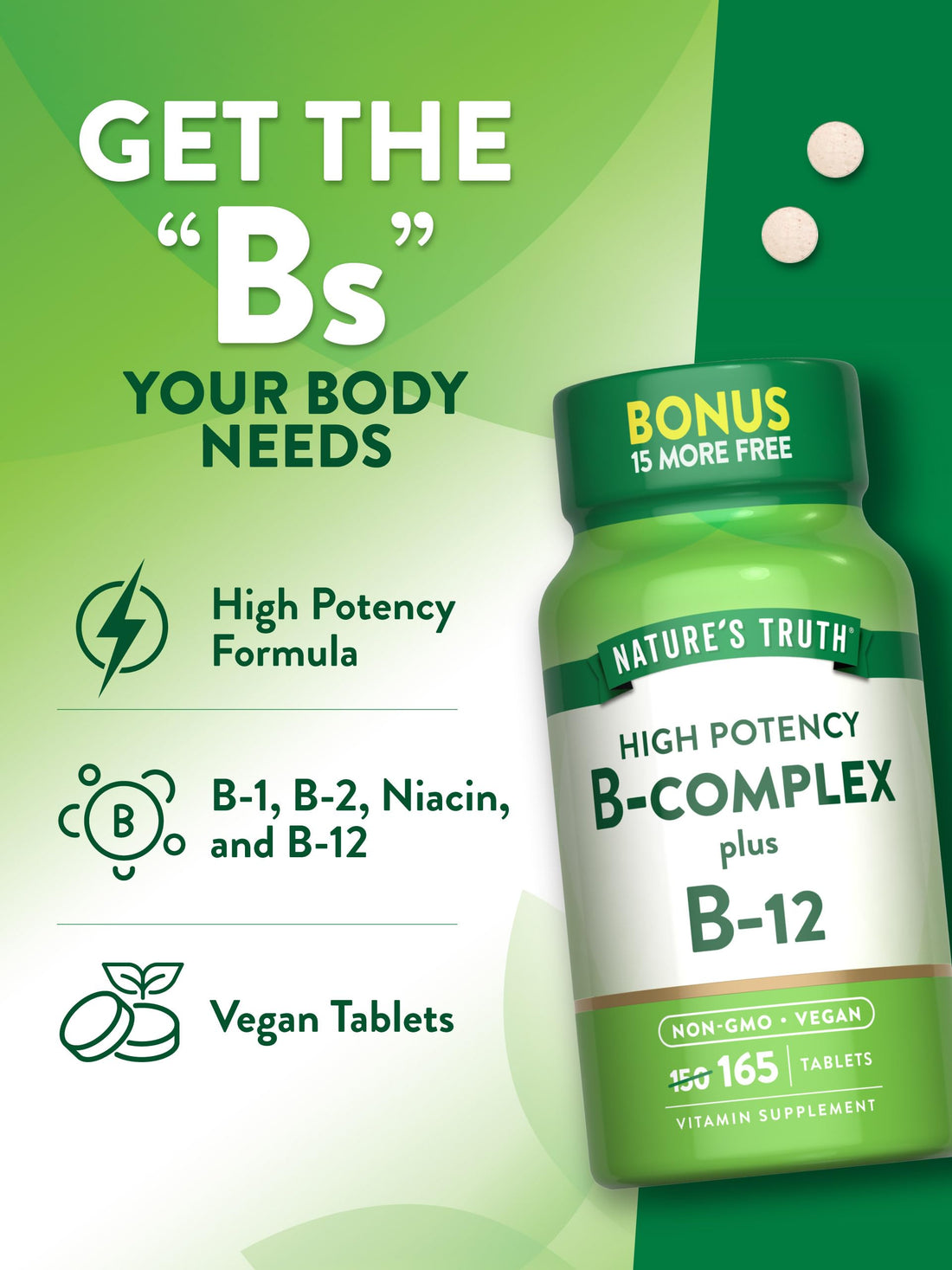 Nature's Truth Vitamin B Complex | 165 Tablets | Plus B12 | Vegan & Non-GMO Supplement