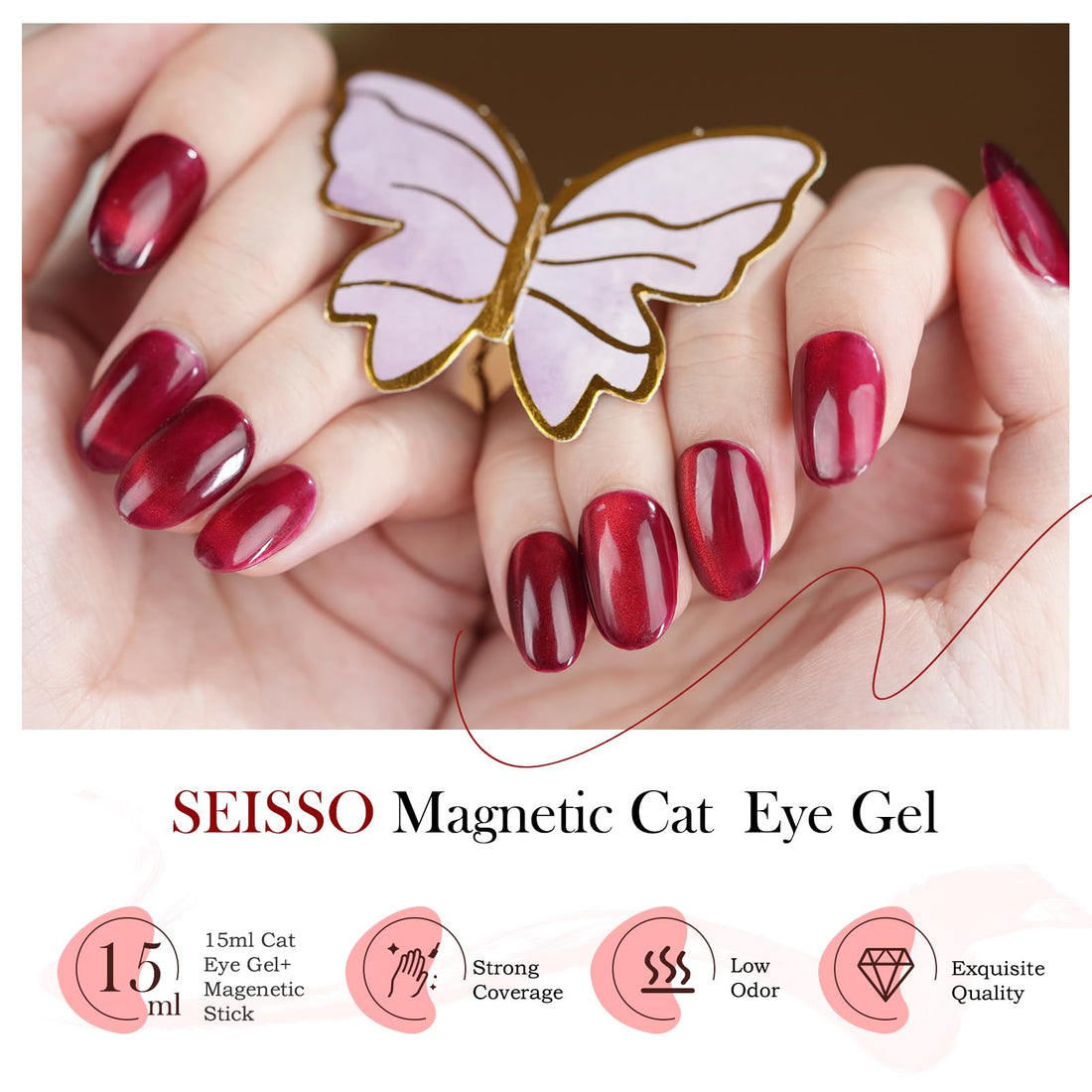 SEISSO Wine Red Cat Eye Gel Nail Polish Set – 15ml Magnetic Burgundy Nail Polish with Magnet Stick, Deep Reflective Soak Off UV Gel, Shimmer Gloss Nail Art Kit for Salon & DIY