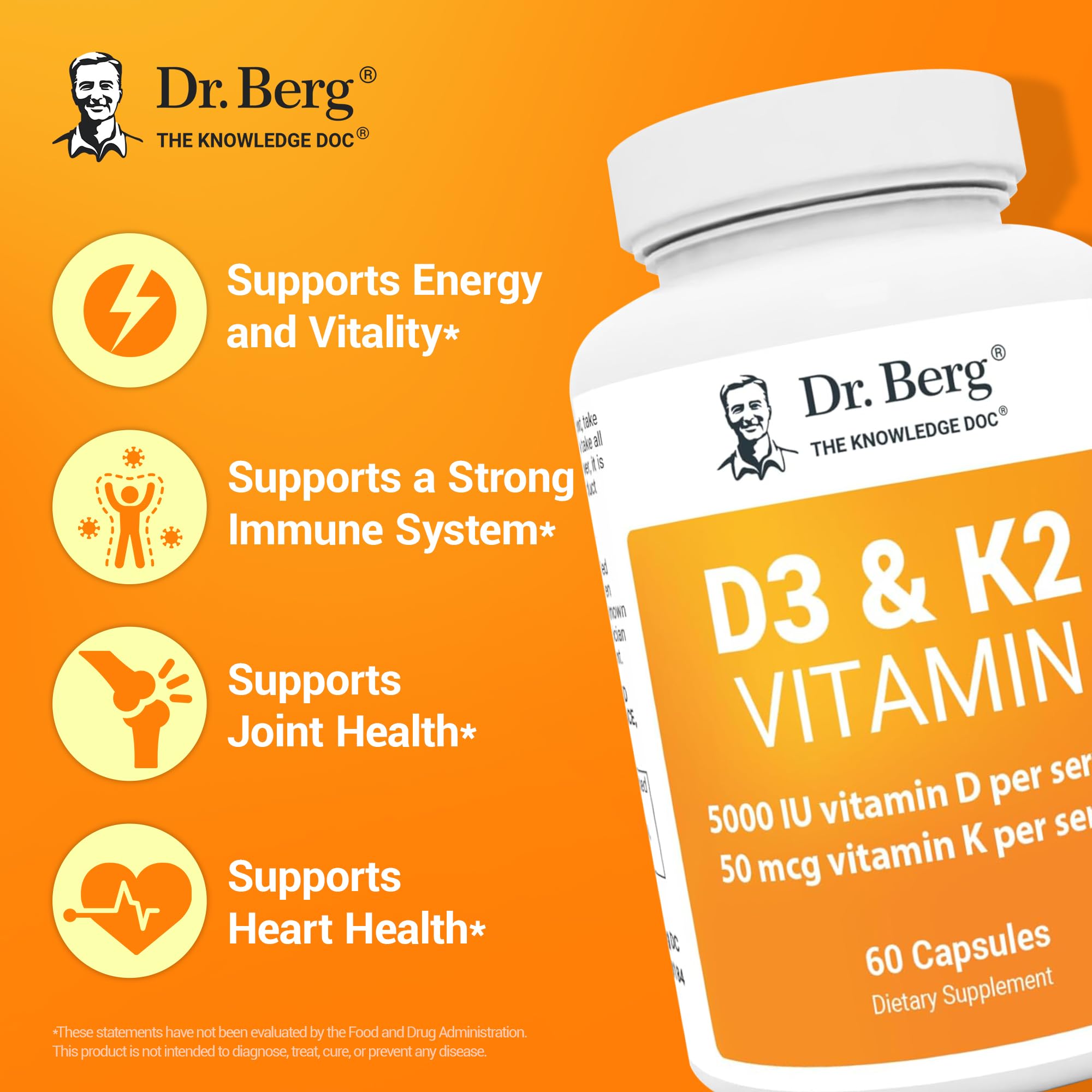 Dr. Berg D3 K2 Vitamin 5000 IU w/MCT Powder - Includes 50 mcg MK7 Vitamin K2, Purified Bile Salts, Zinc & Magnesium for Ultimate Absorption - K2 D3 Vitamin Supplement - 60 Capsules