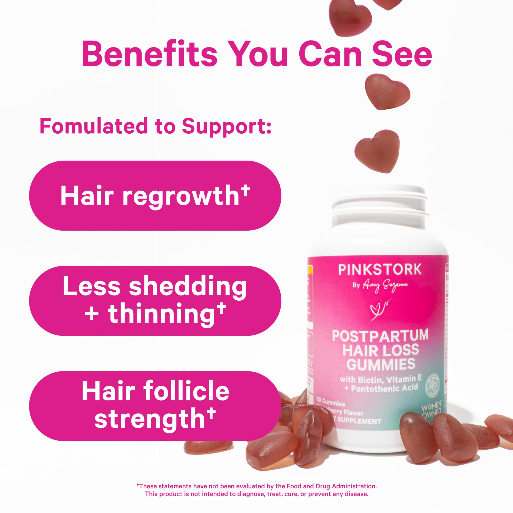 Pink Stork Postpartum Hair Loss Gummies - Biotin with Vitamin E, Pantothenic Acid, B6 & B12 for Beautiful & Strong Hair, Skin, and Nails - Postpartum Essentials for New Moms - 60 Gummy Vitamins