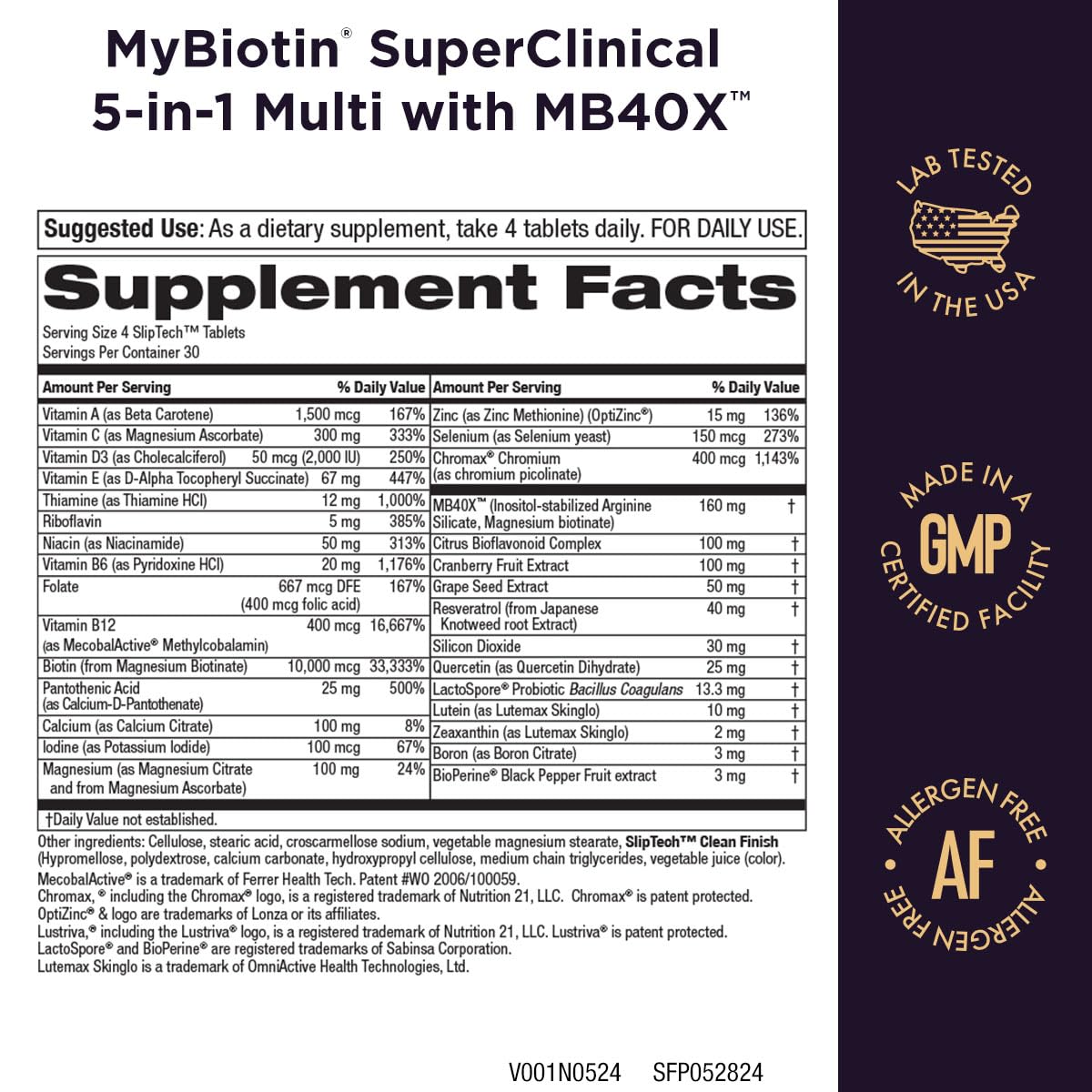 Purity Products MyBiotin SuperClinical New 5-in-1 Elite Multivitamin + MB40X Biotin Matrix Daily Multi - Thicker Hair Starting in 3 Weeks - 40X More Soluble vs Ordinary Hair Skin Nails - 120 Tabs