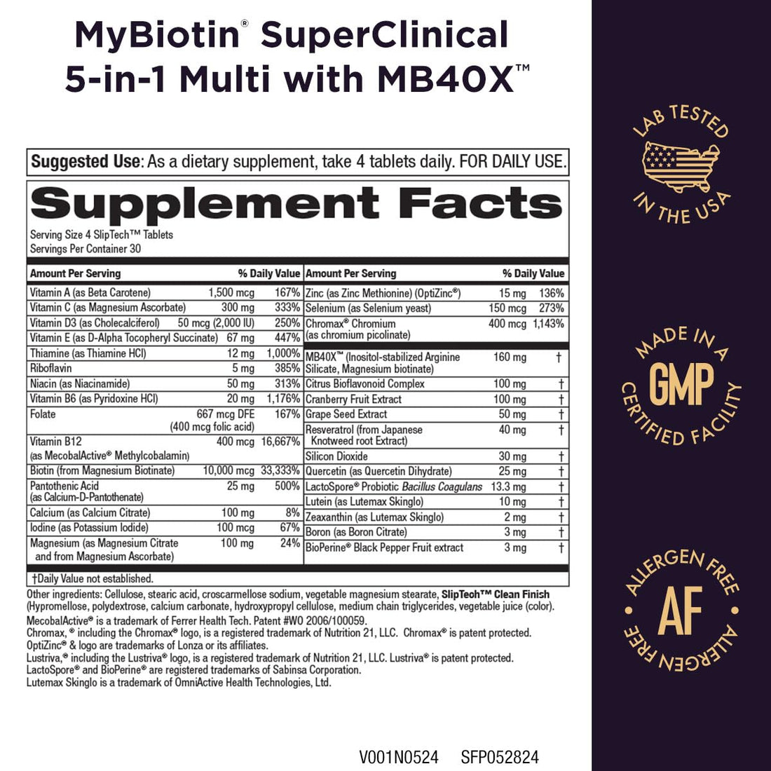 Purity Products MyBiotin SuperClinical New 5-in-1 Elite Multivitamin + MB40X Biotin Matrix Daily Multi - Thicker Hair Starting in 3 Weeks - 40X More Soluble vs Ordinary Hair Skin Nails - 120 Tabs