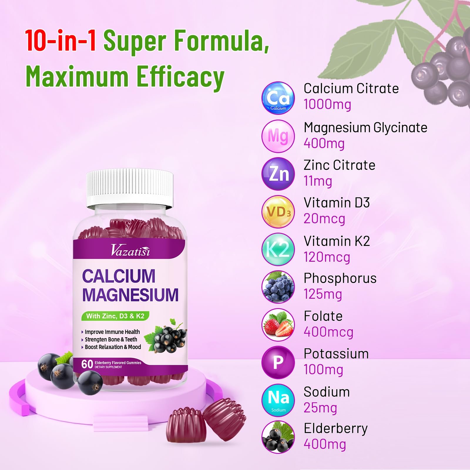 Calcium Magnesium Zinc Gummies with Vitamin D3 and K2, High Absorption Magnesium Glycinate Potassium for Immune and Muscles, Vegan Elderberry Flavor 120 Gummies