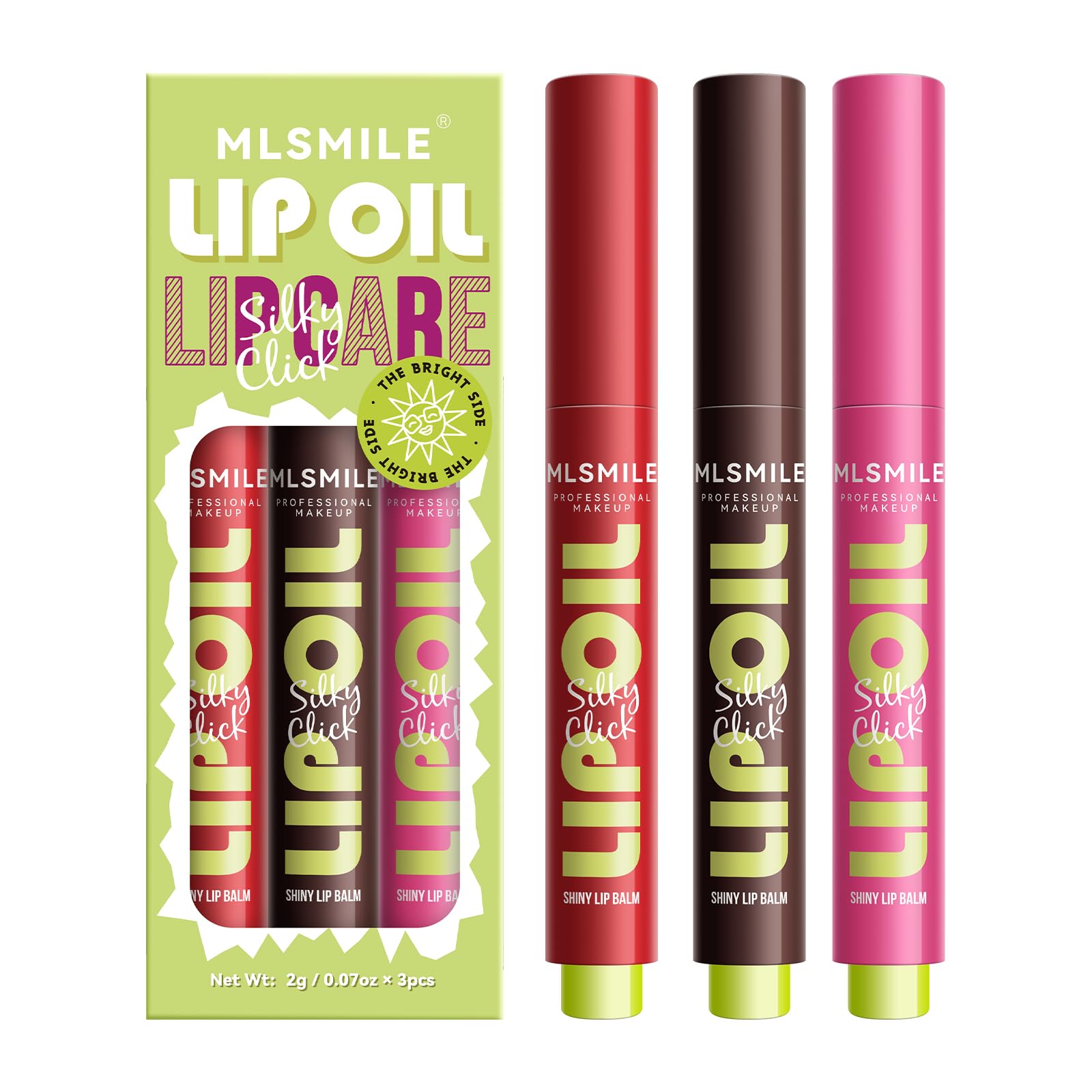 MLSMILE 3 Colors Fat Lip Oil Click Slick,Press Lipstick Set,Moisturizing Lip Balm,High Pigment Glow Lip Oil,Red Lipstick for Women,Pigmented Vegan,Lightweight and Glossy Lip Plumper with Coconut Oil