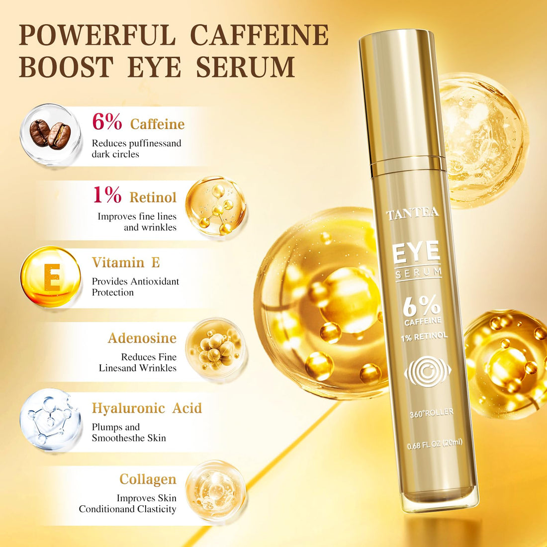 6% Caffeine Eye Cream for Puffy Eyes & Dark Circles, 1% Retinol Eye Serum for Under Eye Bags, Anti-Aging Eye Treatment for Men and Women
