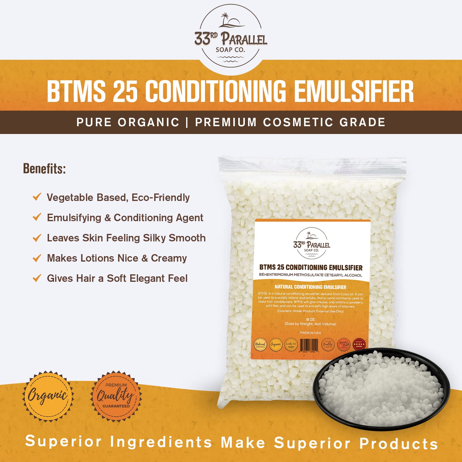 33RD PARALLEL | BTMS 25 (5 lbs / 80 oz) Bulk Conditioning Emulsifier | Behentrimonium Methosulfate Cetearyl Alcohol Emulsifying Conditioner | (5 POUNDS)