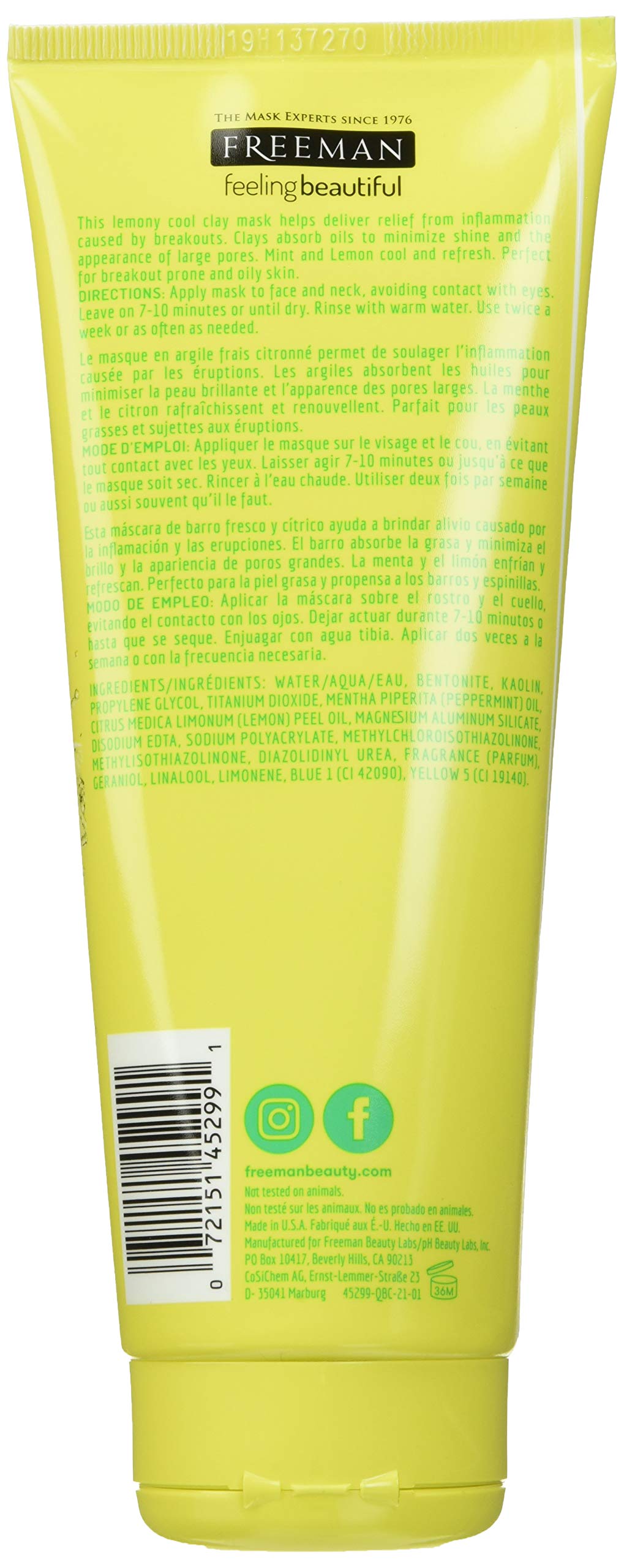 Freeman Oil Absorbing Mint & Lemon Clay Mask, Facial Mask, Skincare, 6 fl oz tube/175 mL