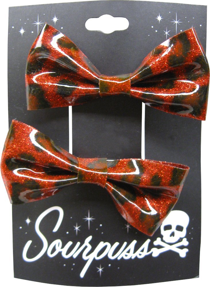 Red Leopard Glitter Hair Bow Clips - Set of Two - From Sourpuss Clothing by Sourpuss