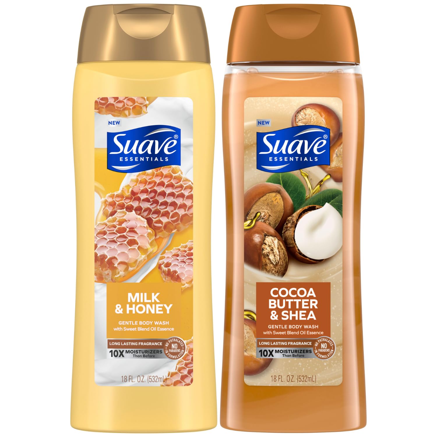Suave Body Wash Variety 2-Pack, Milk & Honey + Cocoa Butter & Shea – Gentle Body Washes with Sweet Blend Oil Essence, 18 Oz Ea