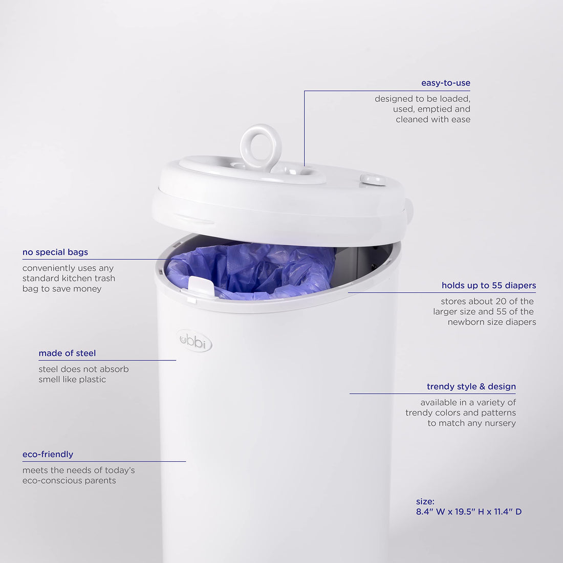 Ubbi Stainless Steel Diaper Pail, Odor Locking, No Special Bag Required, Award-Winning, Registry Must-Have, Gray