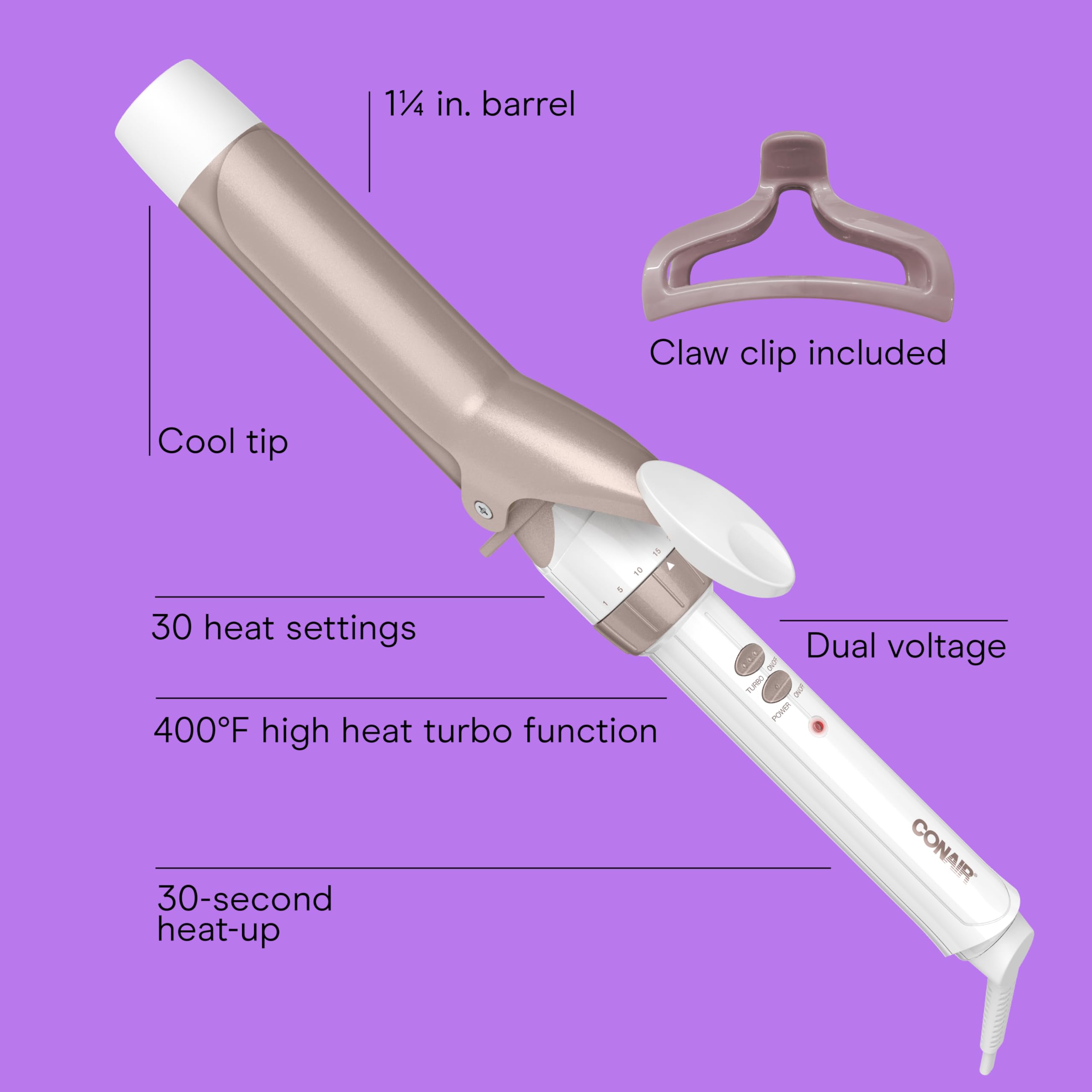 Conair Double Ceramic 1 ¼-Inch Curling Iron with Claw Clip, 1.25-Inch Barrel Creates Loose Curls, Hair Curler for Use on Medium and Long Hair, White