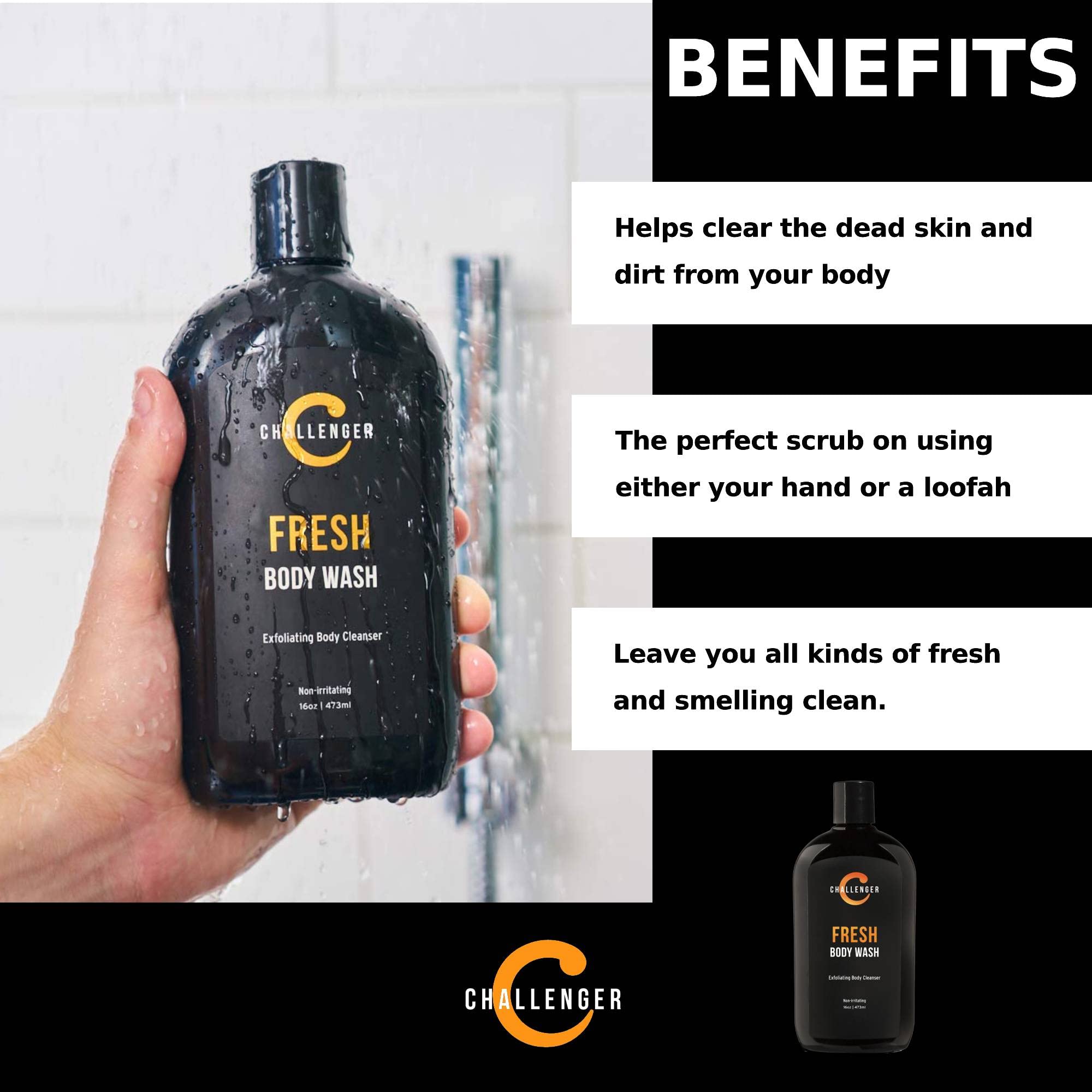 New Challenger Fresh Body Wash - 16oz Exfoliating Cleanser w/Aloe, Vitamin E, Tea Tree &.