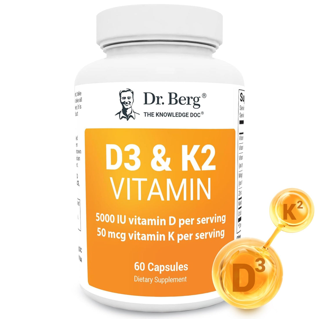 Dr. Berg D3 K2 Vitamin 5000 IU w/MCT Powder - Includes 50 mcg MK7 Vitamin K2, Purified Bile Salts, Zinc & Magnesium for Ultimate Absorption - K2 D3 Vitamin Supplement - 60 Capsules